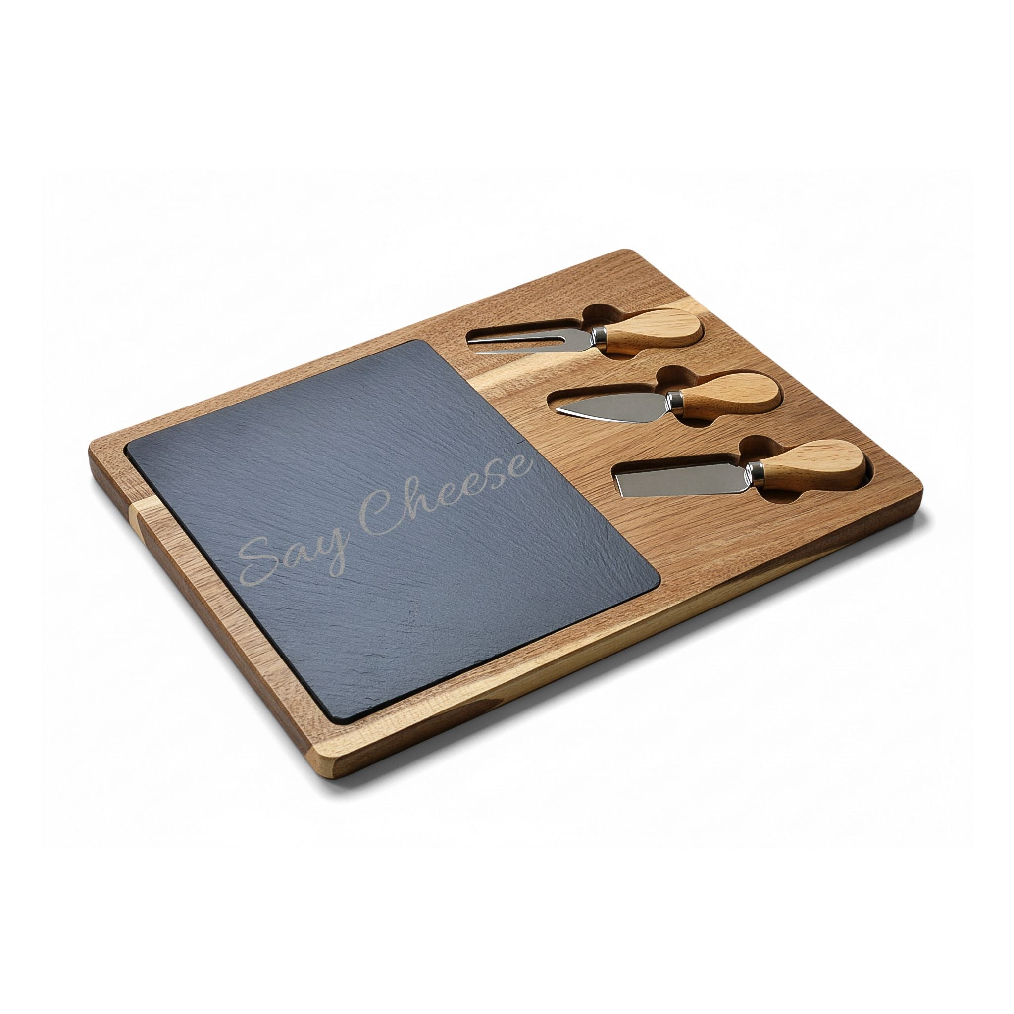 Engraved 'Say Cheese' Charcuterie Board with Slate Insert & Cheese Knives