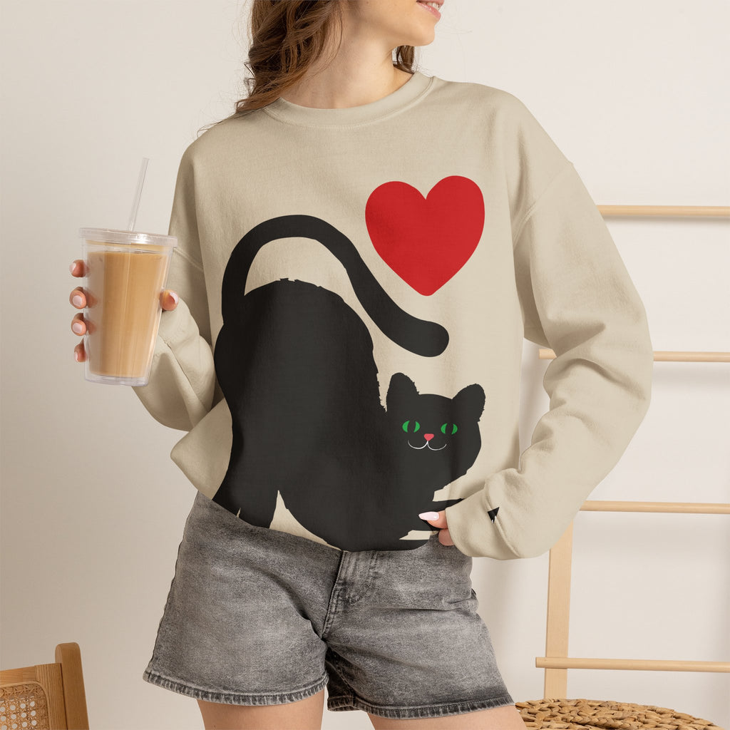 Cat Lover Sweatshirt — Black Cat with Heart Graphic