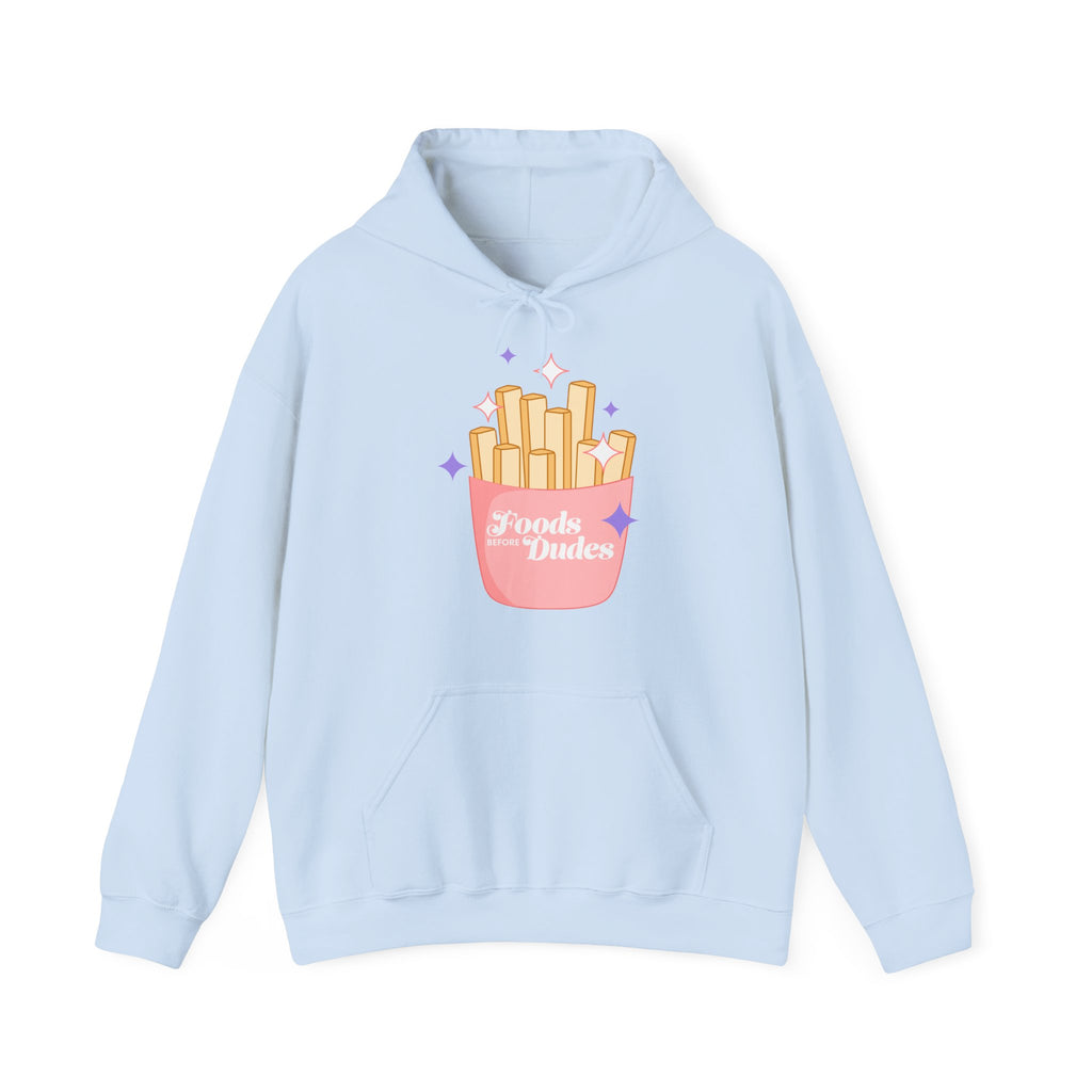 Foods Before Dudes Funny Hoodie — Cute Pink French Fry Graphic Pullover