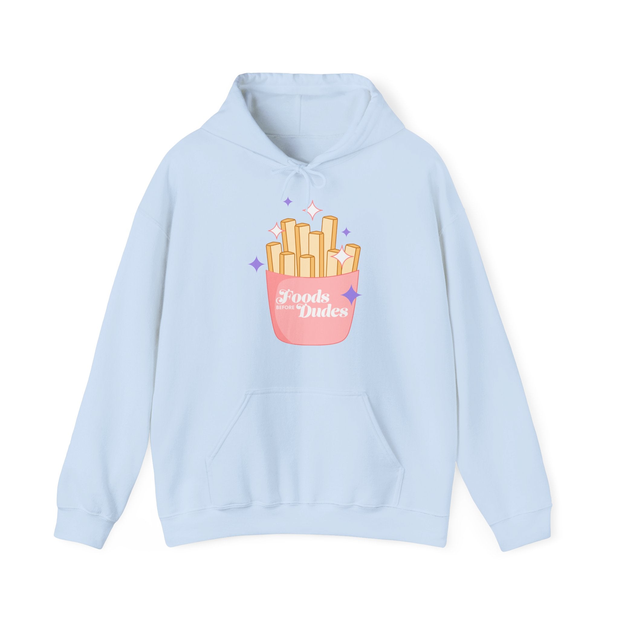 Foods Before Dudes Funny Hoodie — Cute Pink French Fry Graphic Pullover