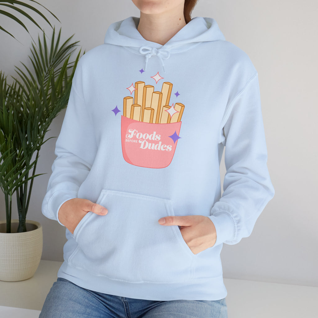 Foods Before Dudes Funny Hoodie — Cute Pink French Fry Graphic Pullover