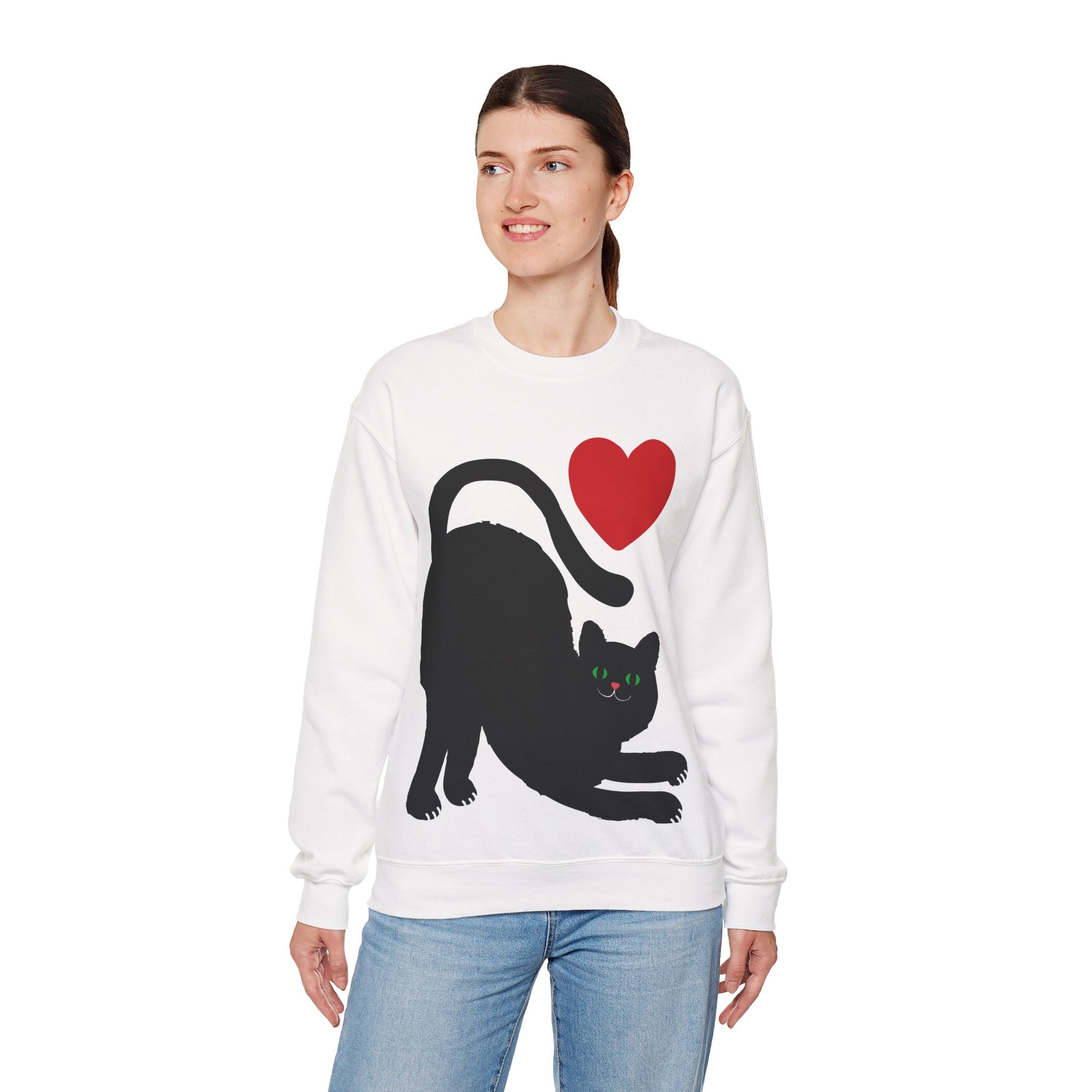 Cat Lover Sweatshirt — Black Cat with Heart Graphic
