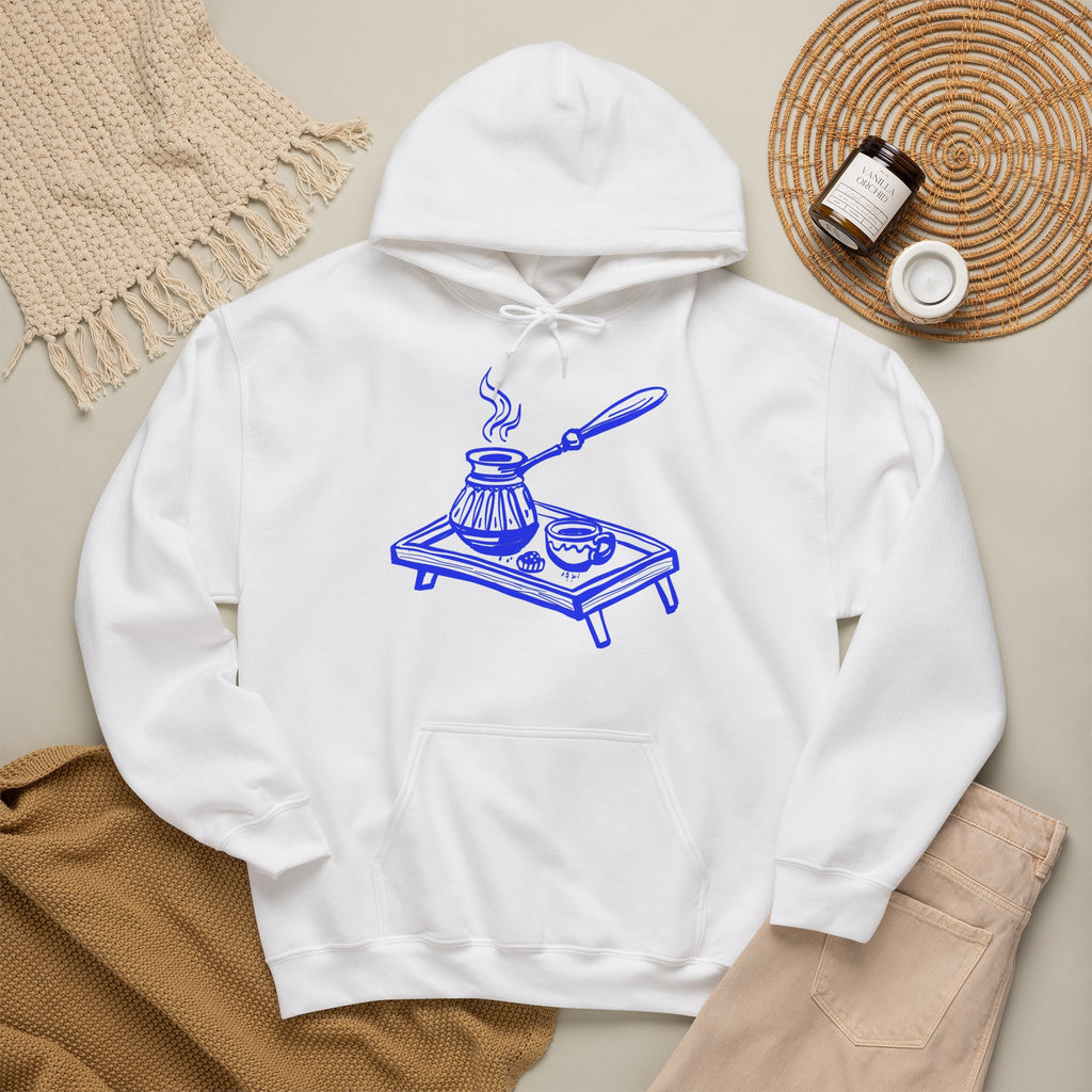 Coffee Cozy Hoodie — Hand Drawn Blue Turkish Coffee Pot Design
