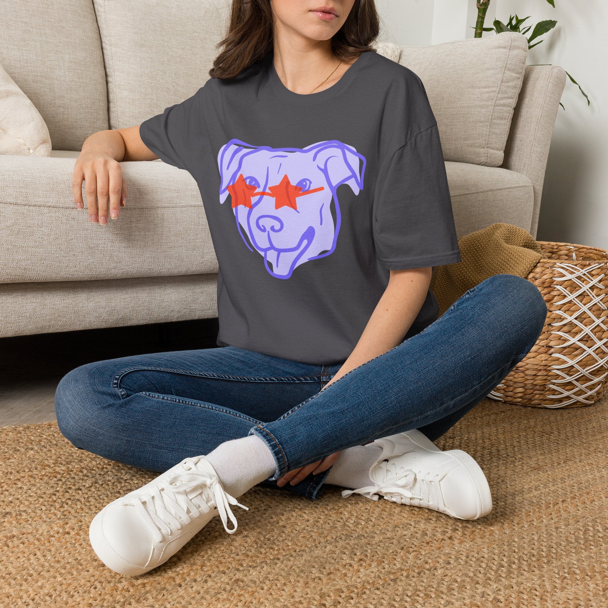 Star-Eyed Dog T-Shirt — Cute Purple Pup with Red Star Sunglasses Tee