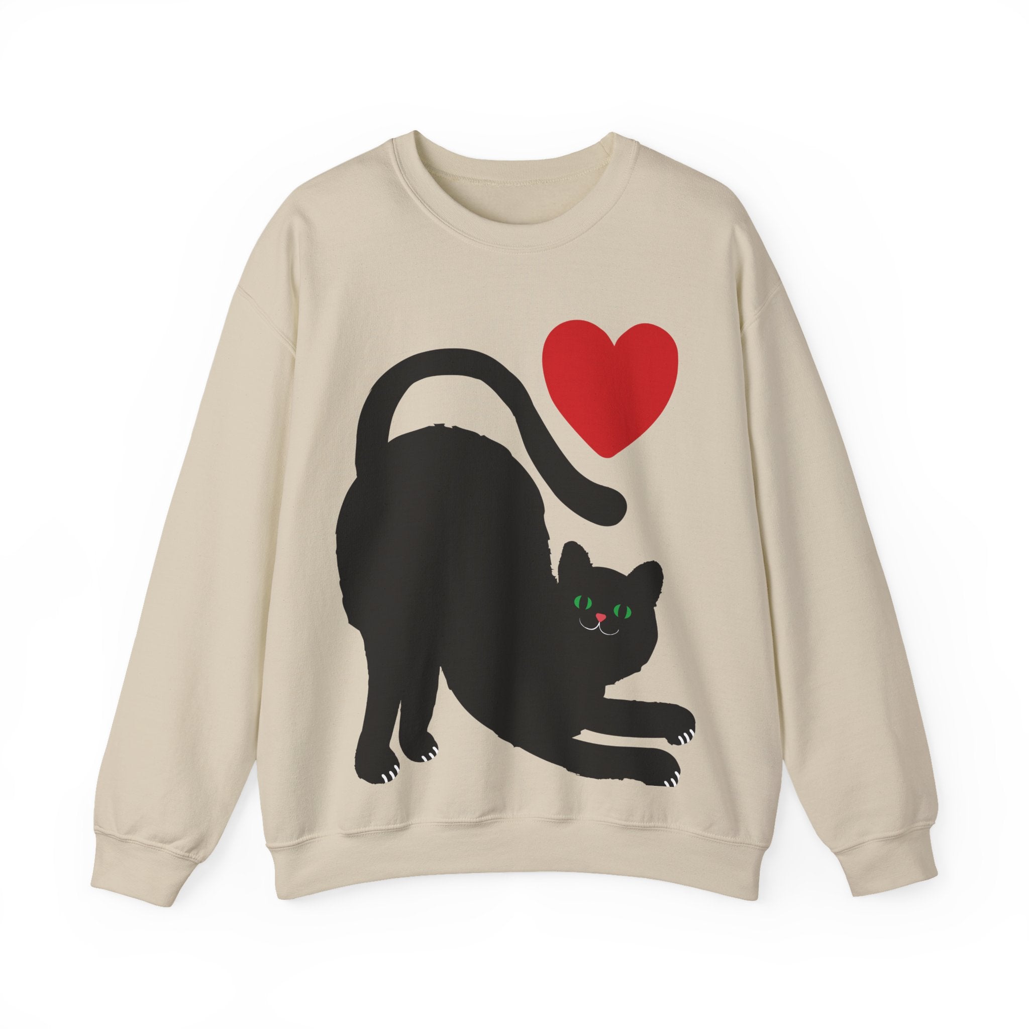 Cat Lover Sweatshirt — Black Cat with Heart Graphic