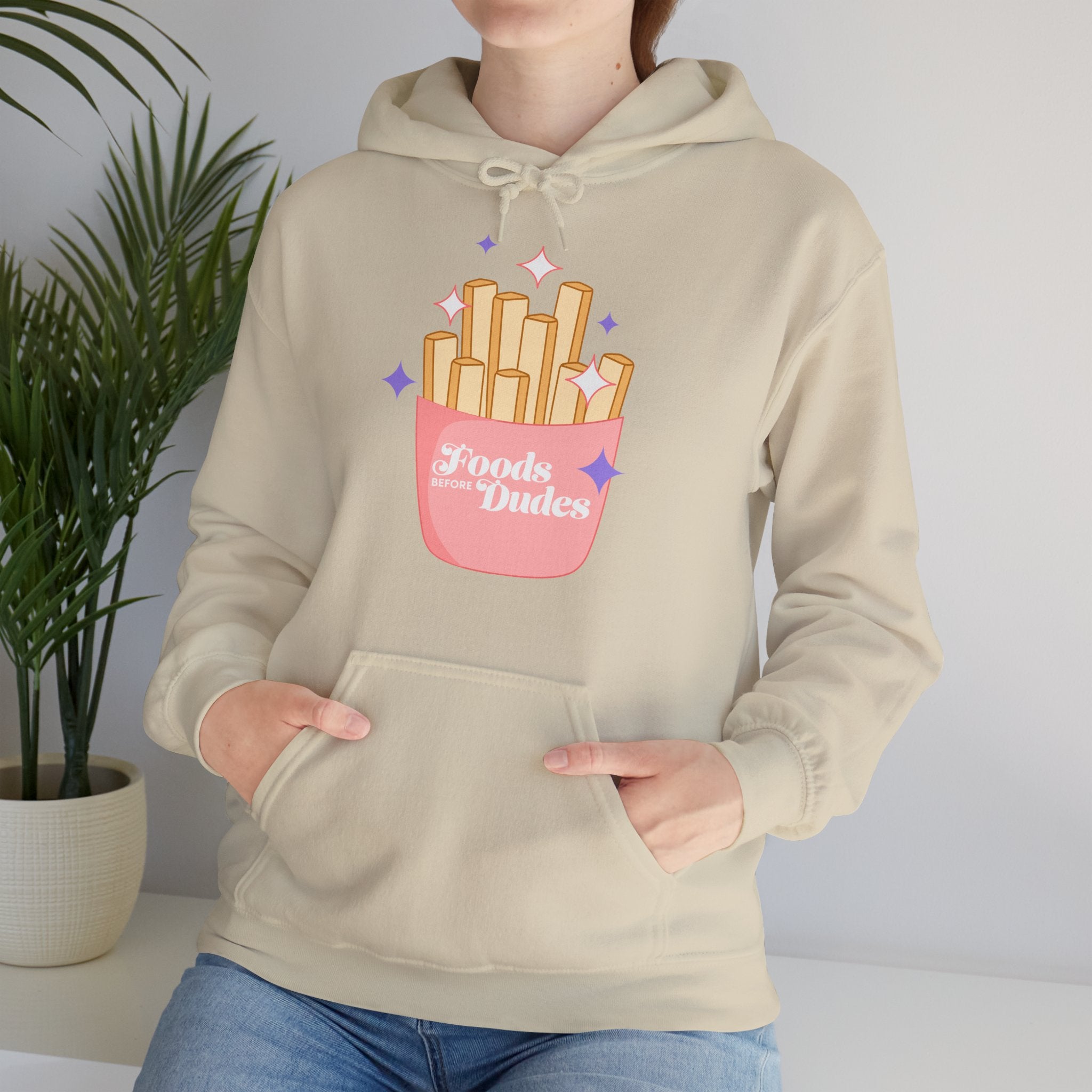 Foods Before Dudes Funny Hoodie — Cute Pink French Fry Graphic Pullover