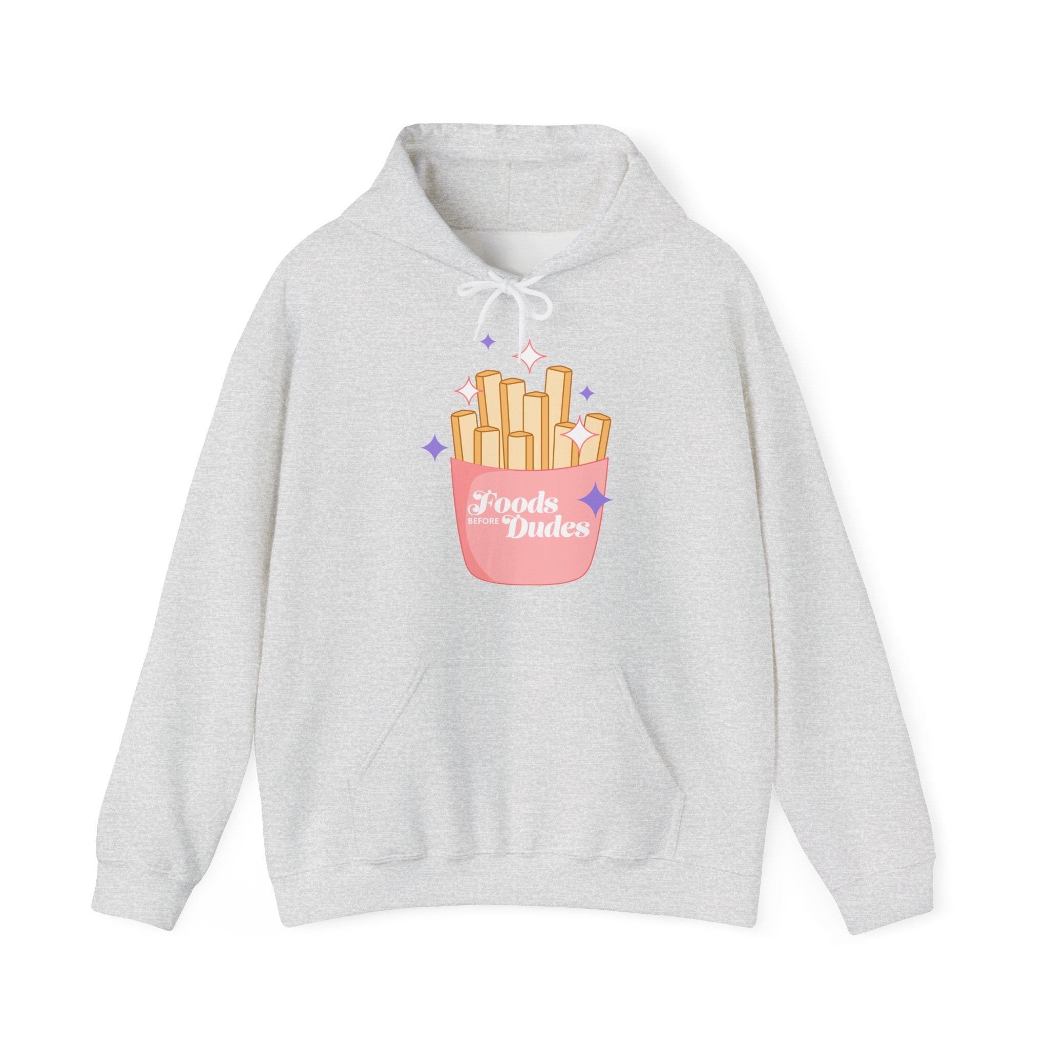 Foods Before Dudes Funny Hoodie — Cute Pink French Fry Graphic Pullover