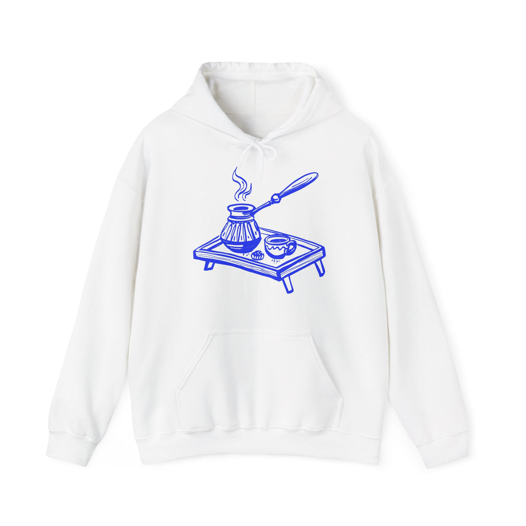 Coffee Cozy Hoodie — Hand Drawn Blue Turkish Coffee Pot Design