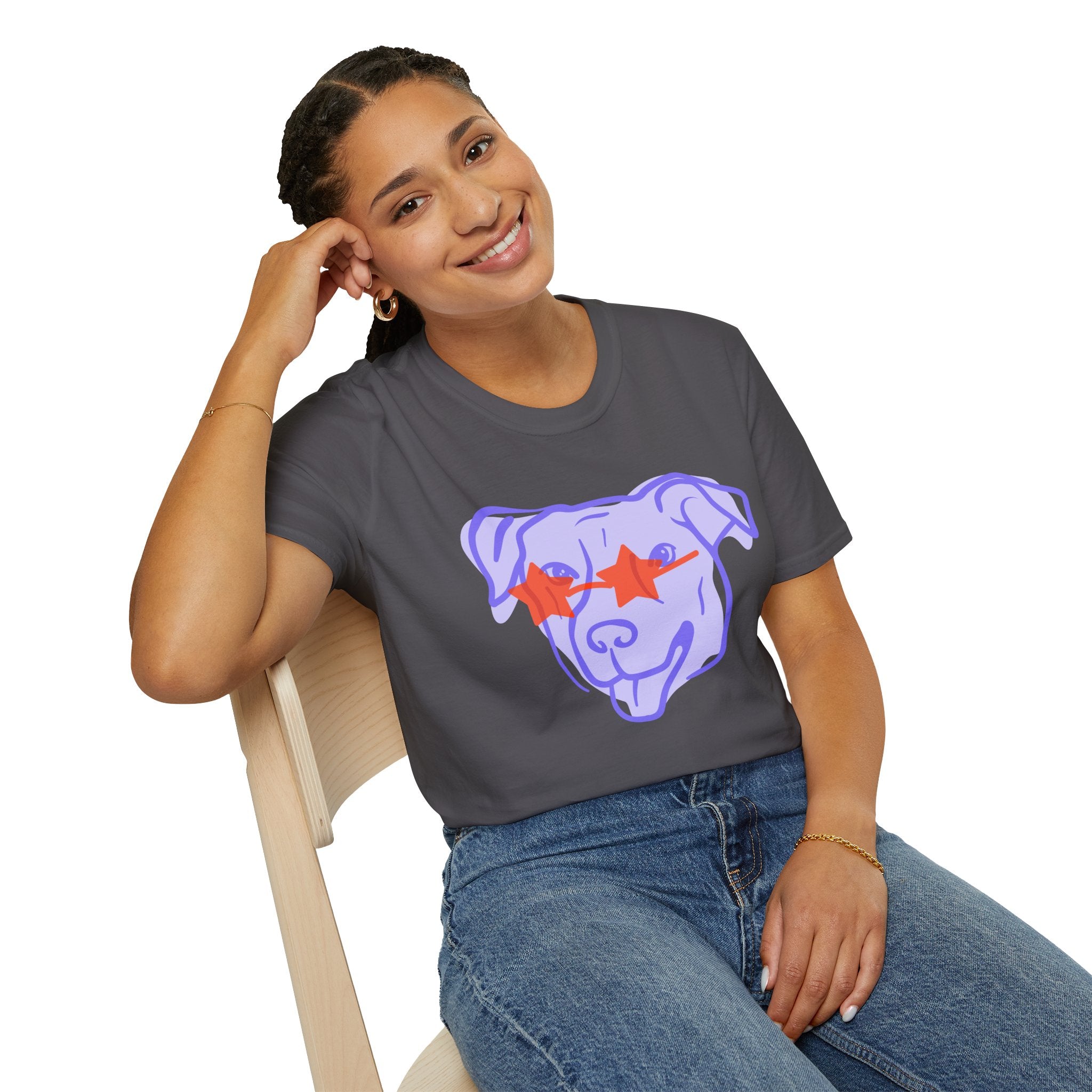 Star-Eyed Dog T-Shirt — Cute Purple Pup with Red Star Sunglasses Tee