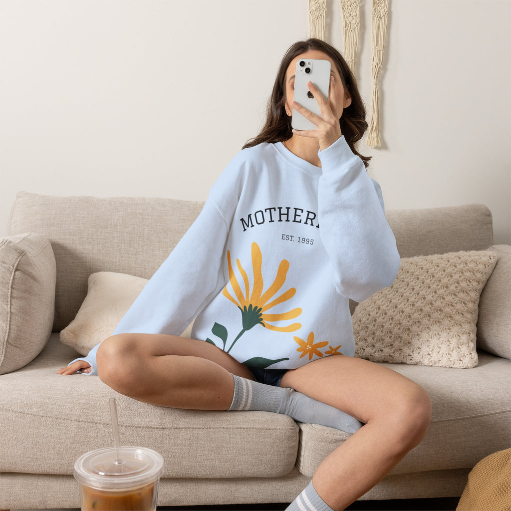Motherhood Floral Crewneck Sweatshirt — 'Motherhood Est. 1985' Cozy Mom Gift
