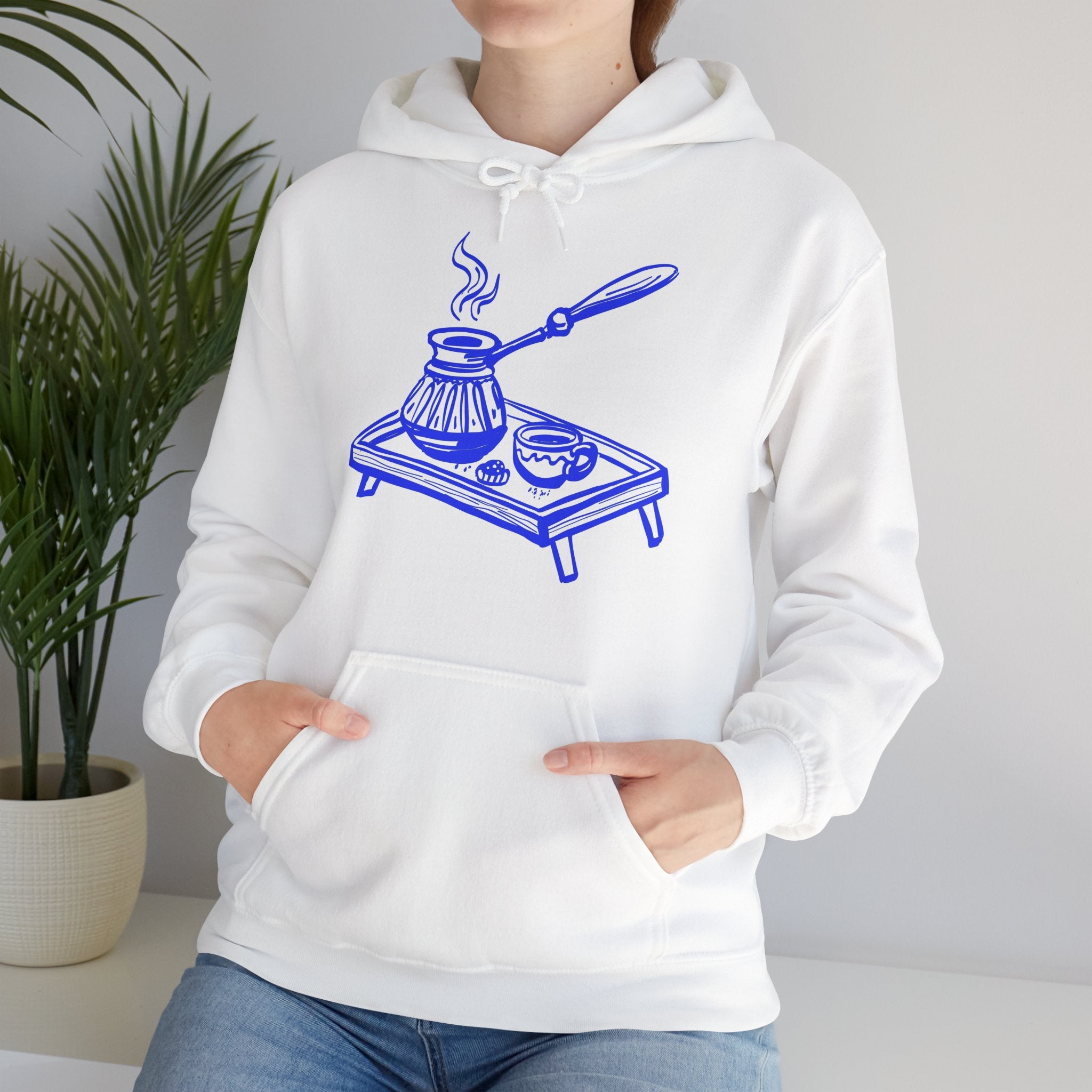 Coffee Cozy Hoodie — Hand Drawn Blue Turkish Coffee Pot Design
