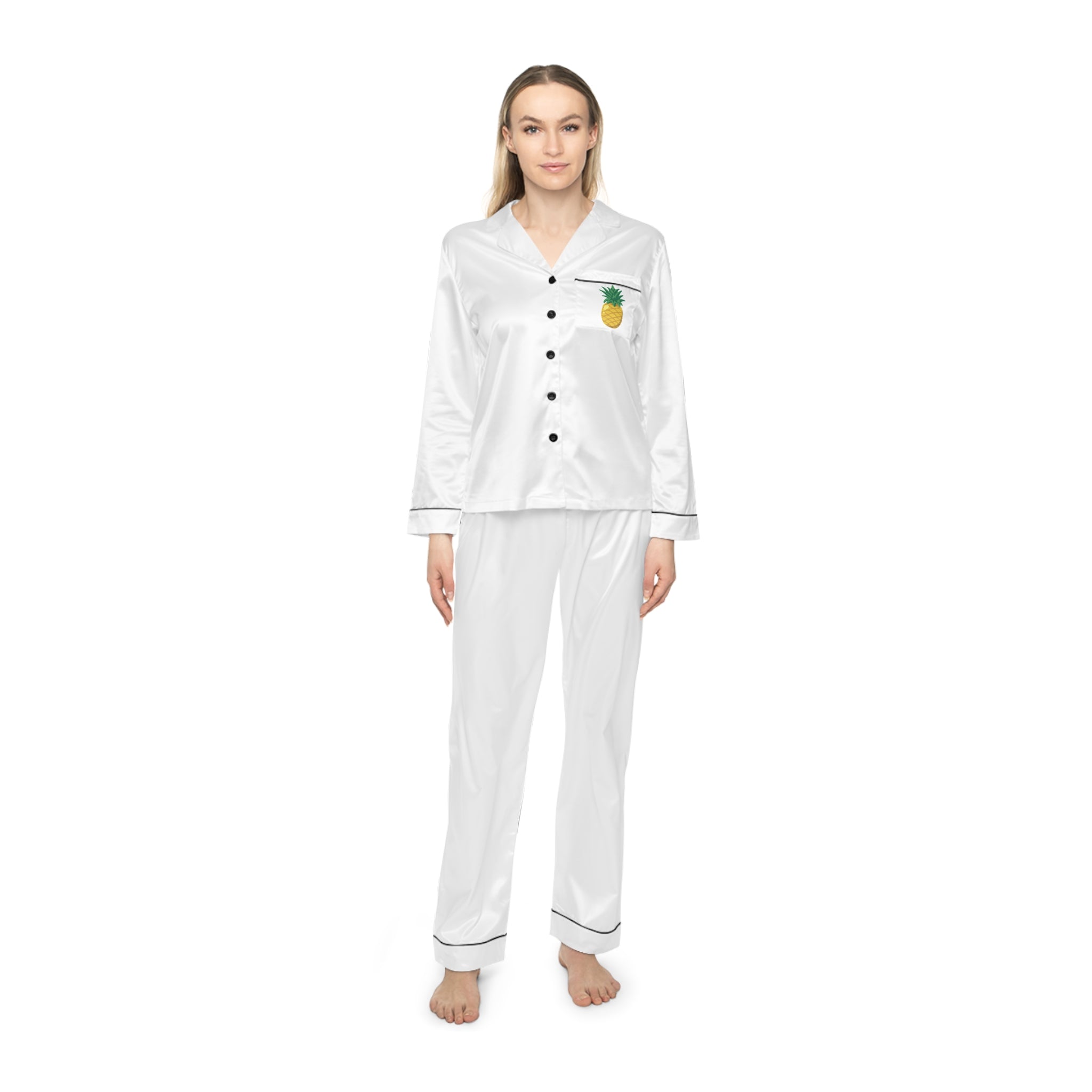 White Satin Women's Pajama Set with Pineapple Pocket Embroidery