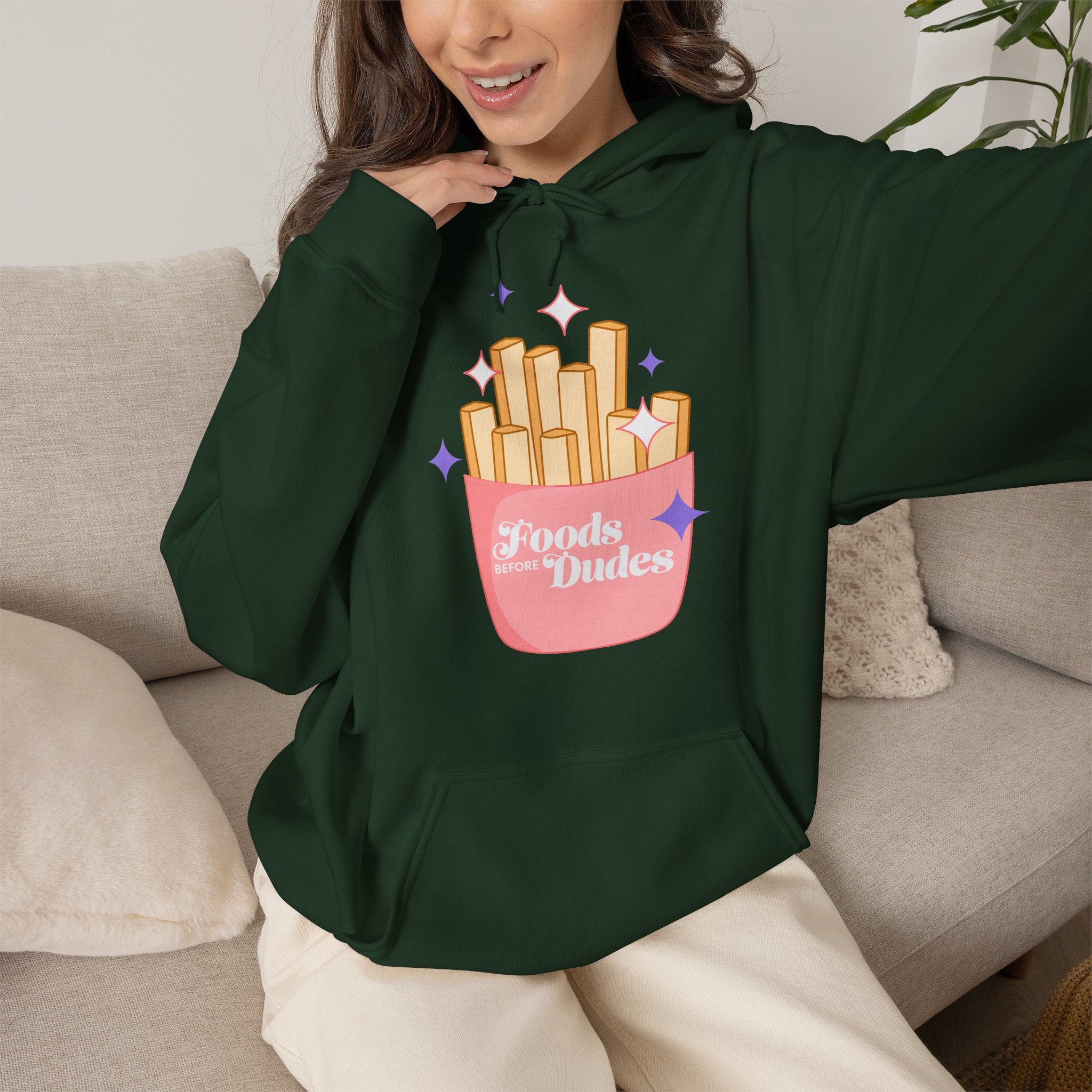 Foods Before Dudes Funny Hoodie — Cute Pink French Fry Graphic Pullover