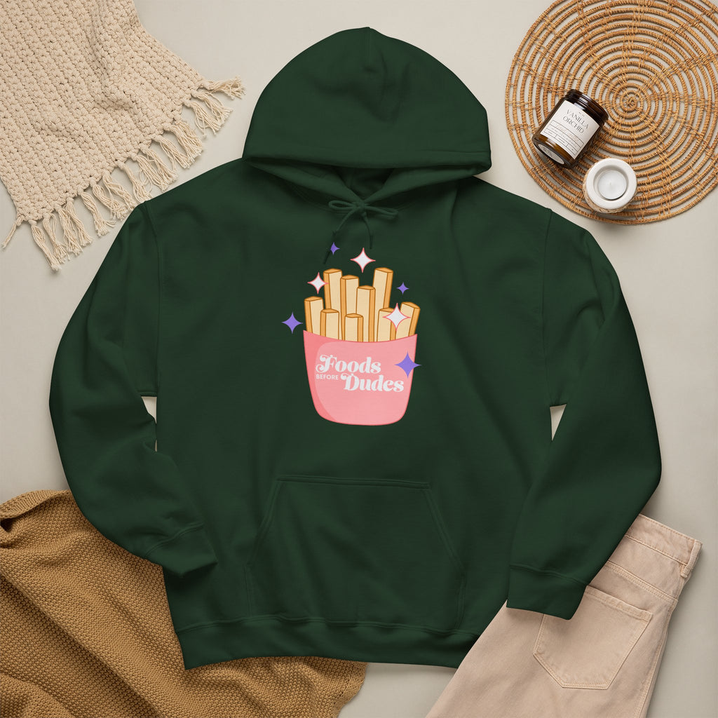Foods Before Dudes Funny Hoodie — Cute Pink French Fry Graphic Pullover