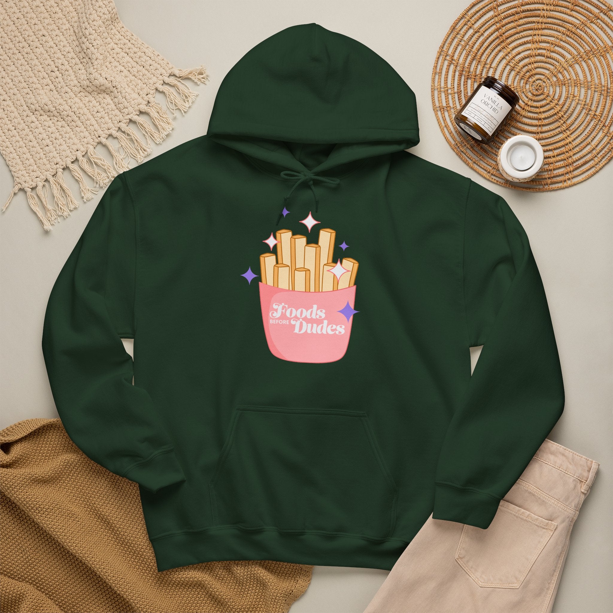 Foods Before Dudes Funny Hoodie — Cute Pink French Fry Graphic Pullover