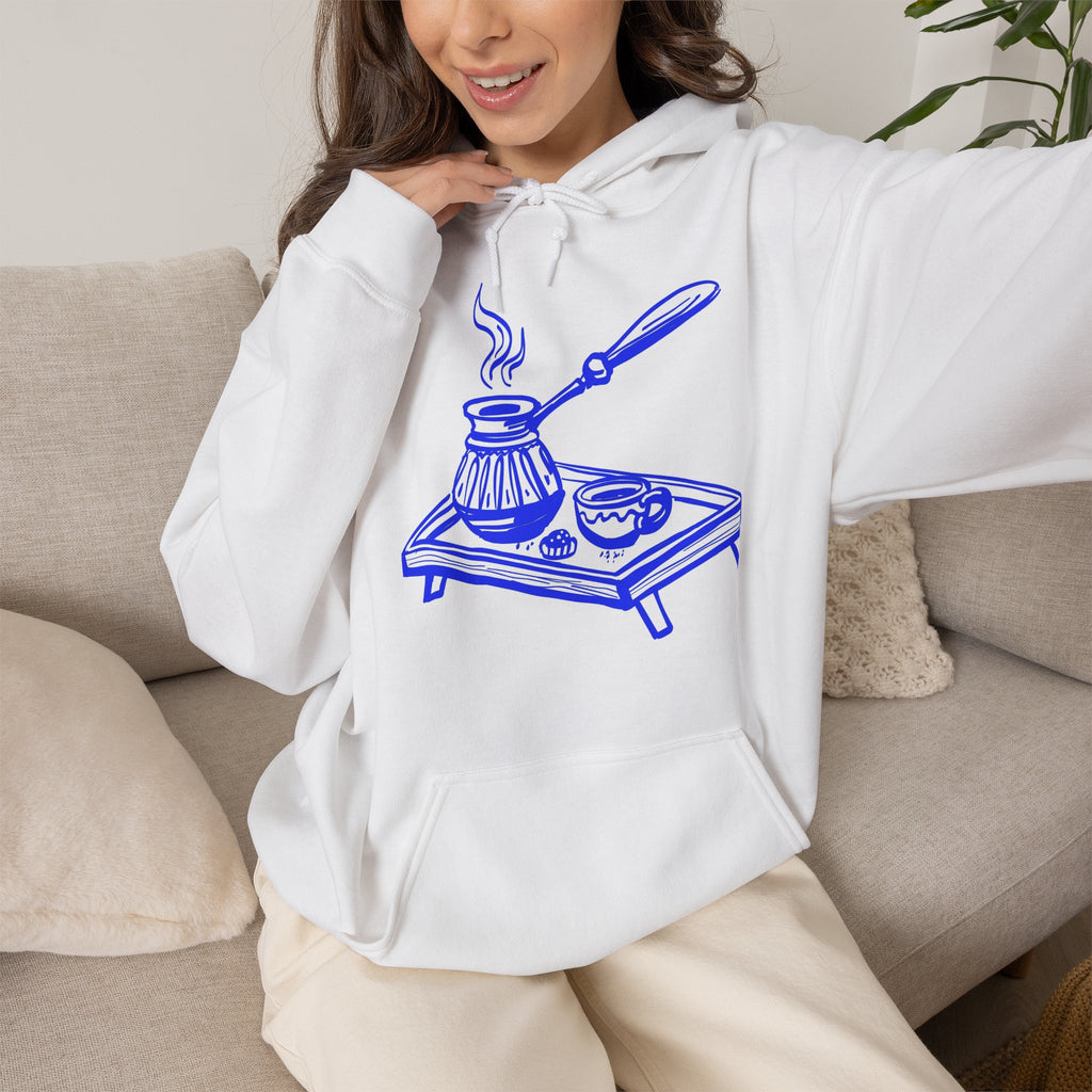 Coffee Cozy Hoodie — Hand Drawn Blue Turkish Coffee Pot Design