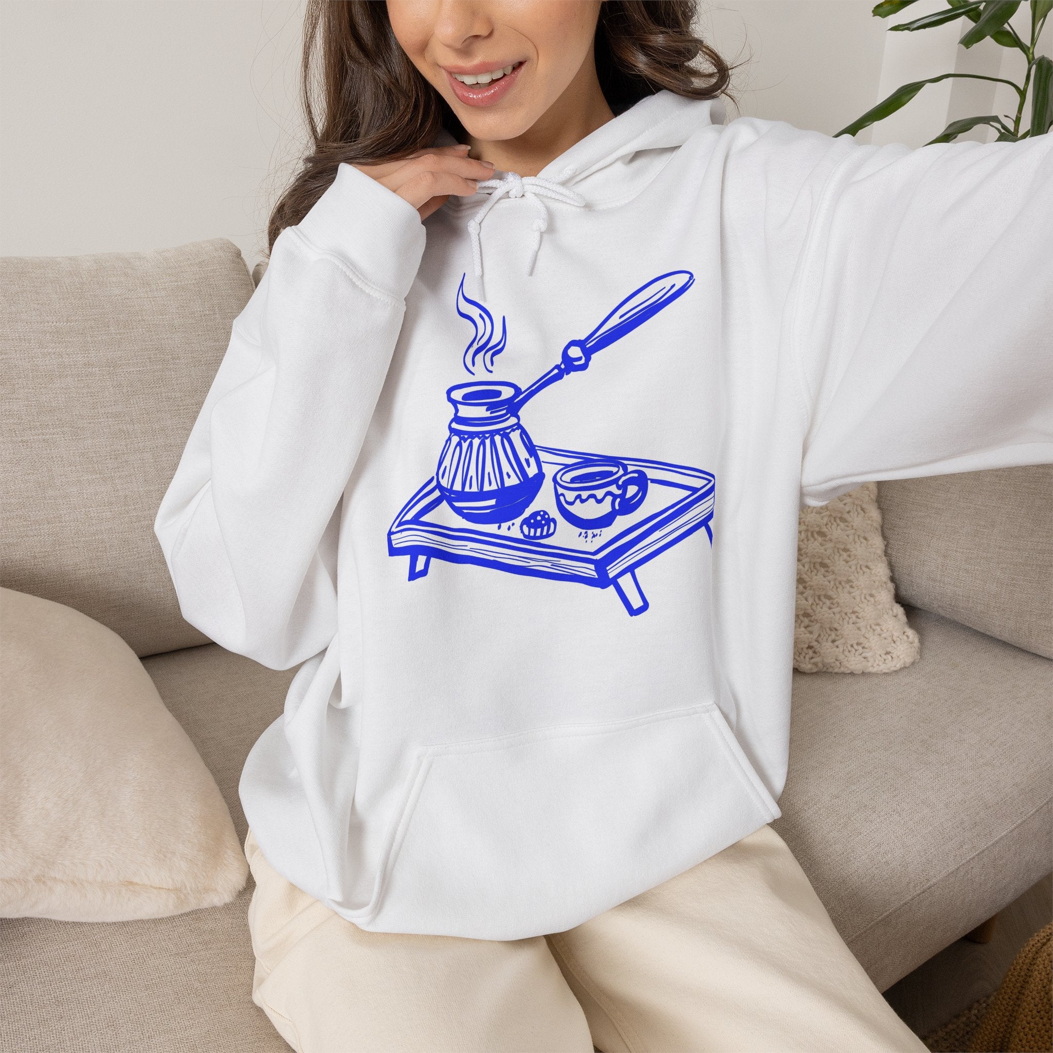 Coffee Cozy Hoodie — Hand Drawn Blue Turkish Coffee Pot Design