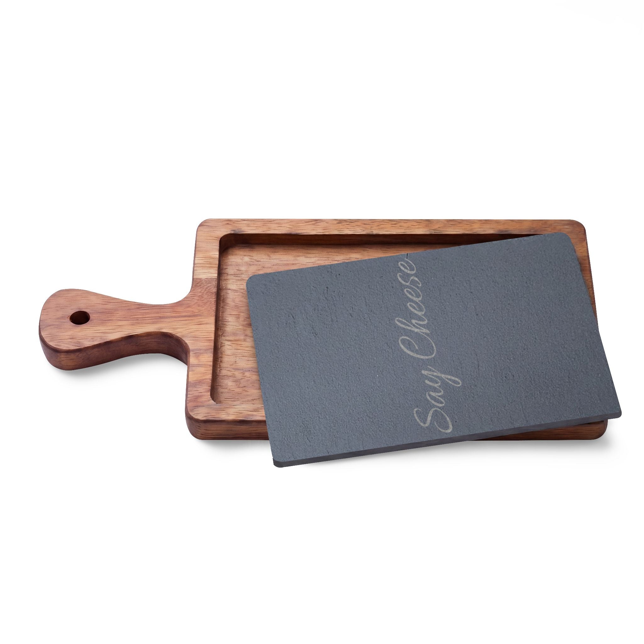 Engraved 'Say Cheese' Charcuterie Board with Slate Insert & Cheese Knives