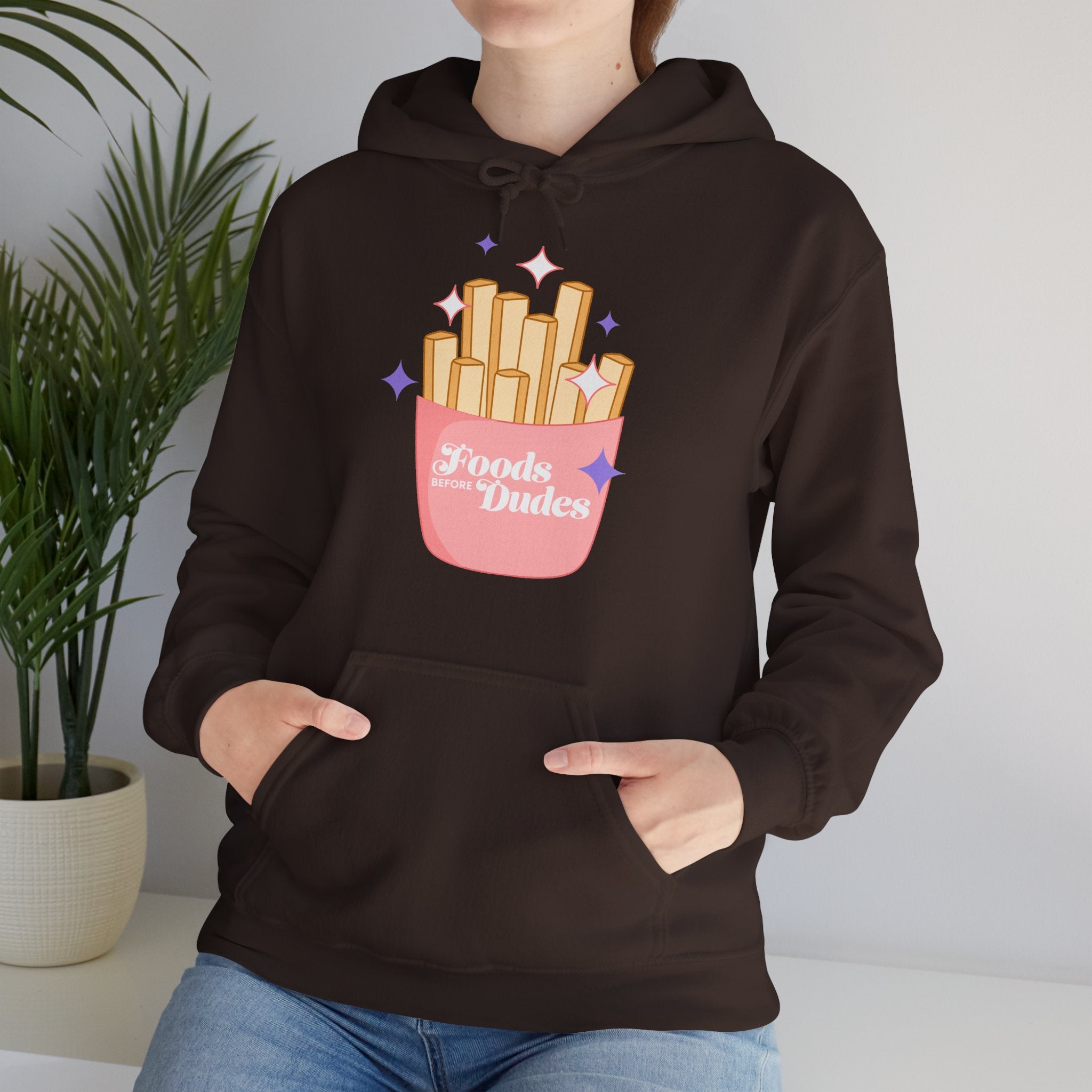 Foods Before Dudes Funny Hoodie — Cute Pink French Fry Graphic Pullover