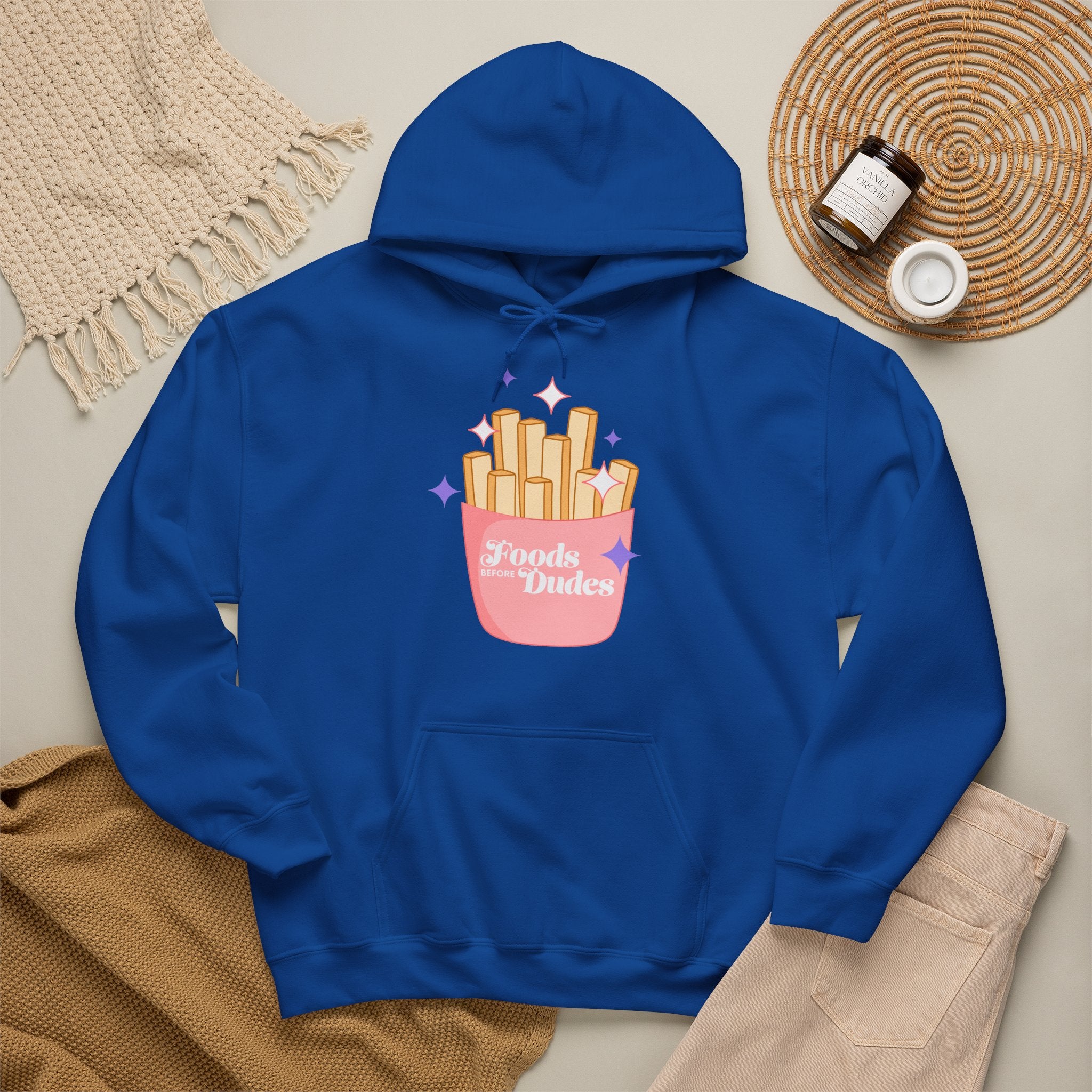 Foods Before Dudes Funny Hoodie — Cute Pink French Fry Graphic Pullover