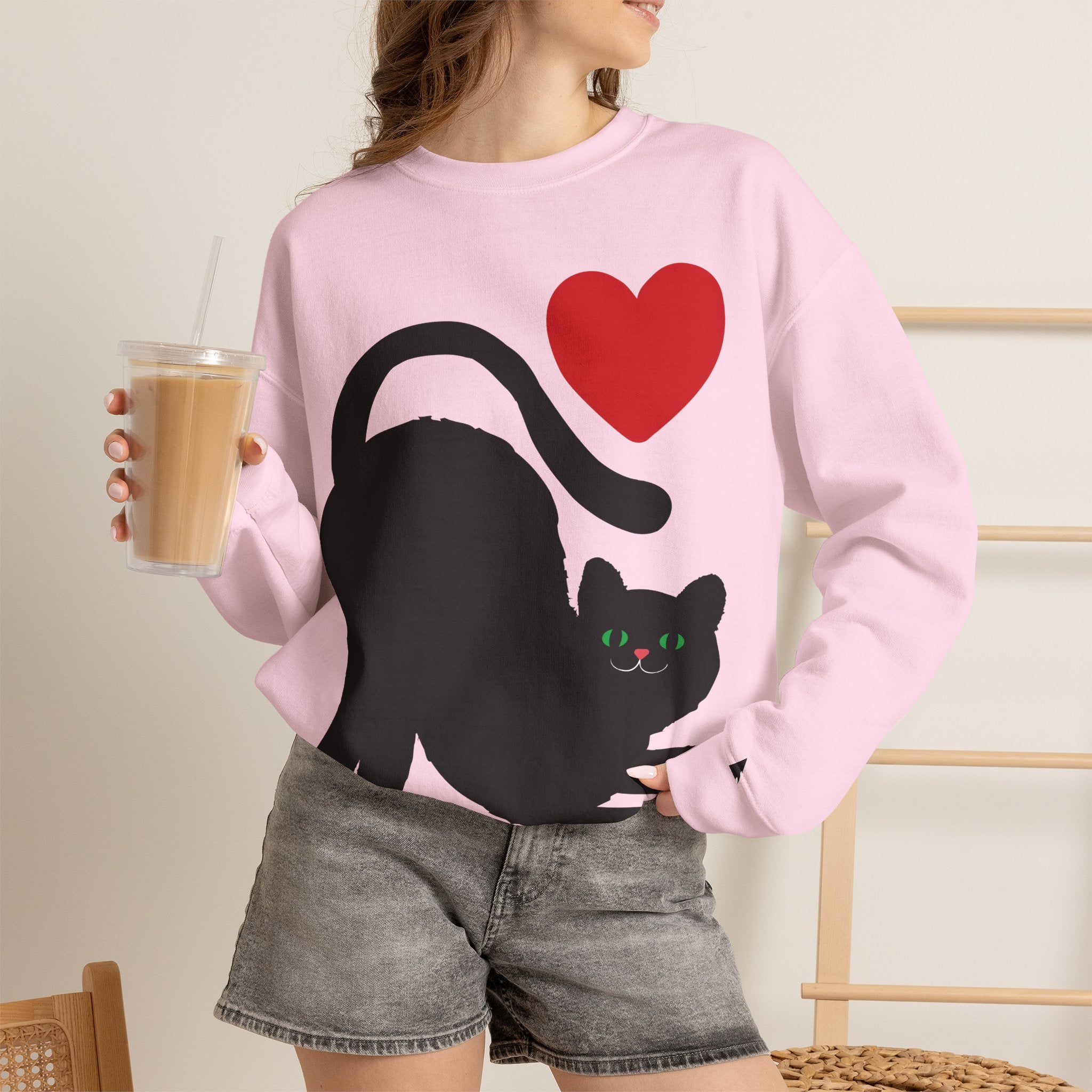 Cat Lover Sweatshirt — Black Cat with Heart Graphic
