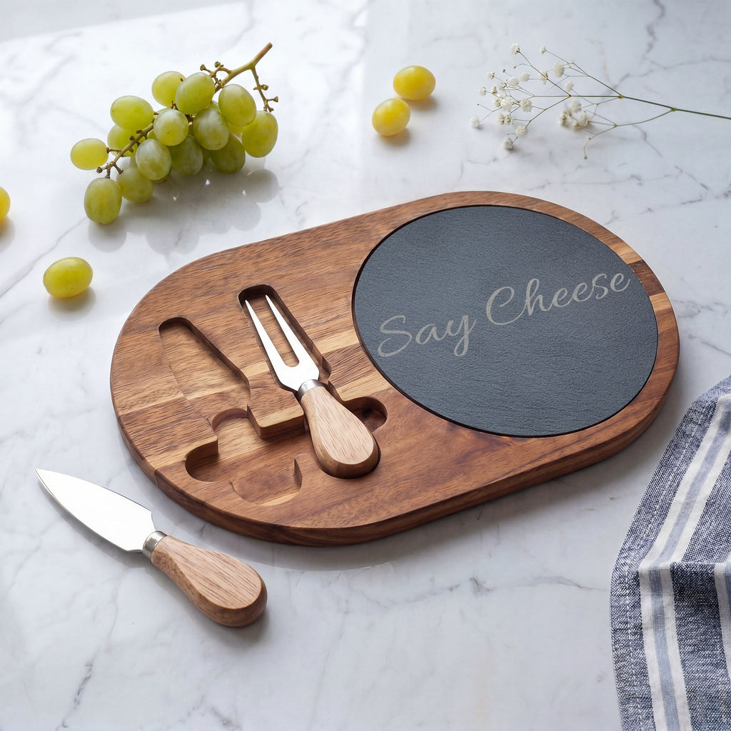 Engraved 'Say Cheese' Charcuterie Board with Slate Insert & Cheese Knives