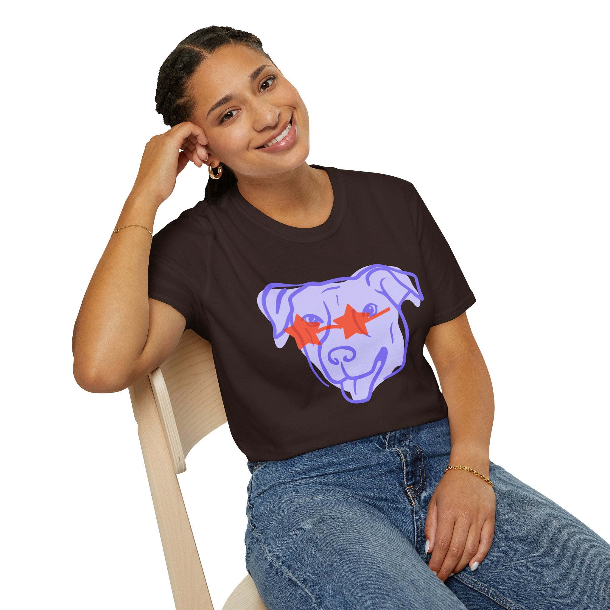 Star-Eyed Dog T-Shirt — Cute Purple Pup with Red Star Sunglasses Tee