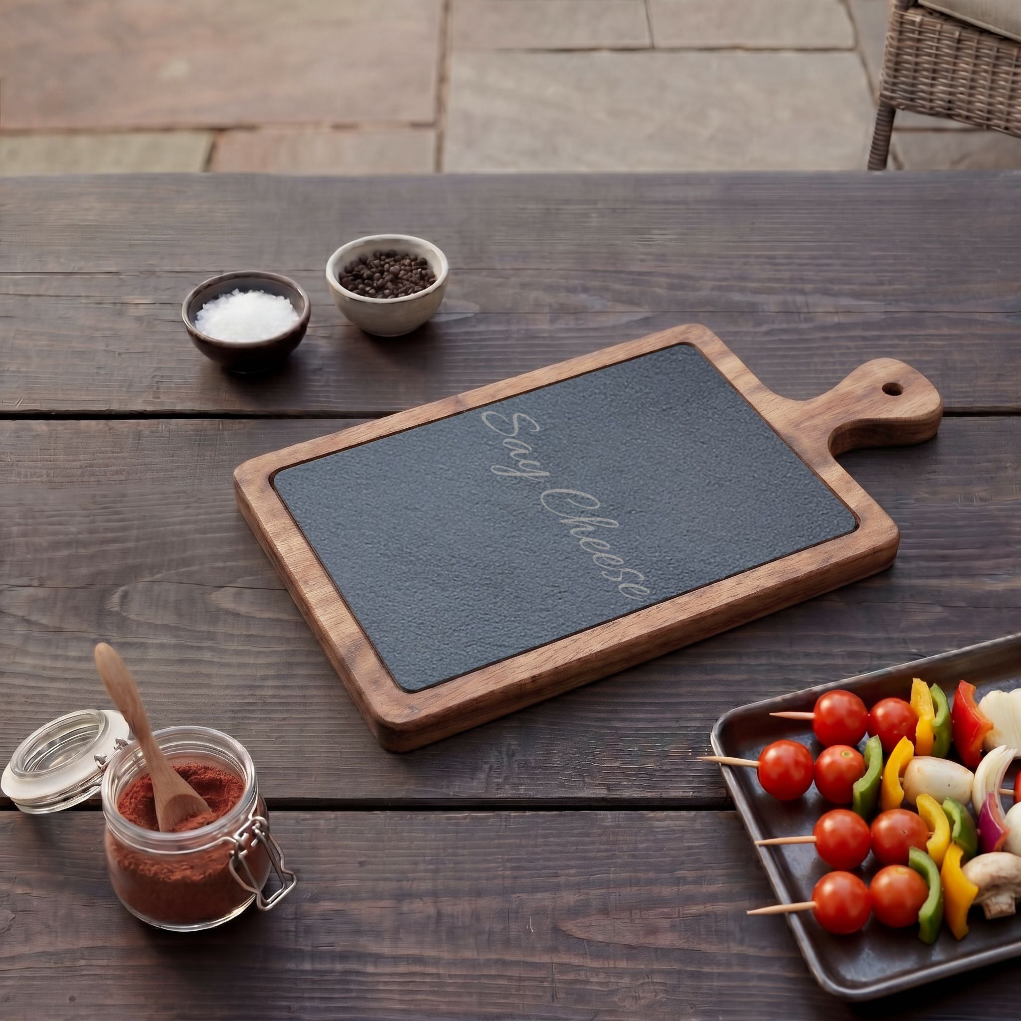 Engraved 'Say Cheese' Charcuterie Board with Slate Insert & Cheese Knives