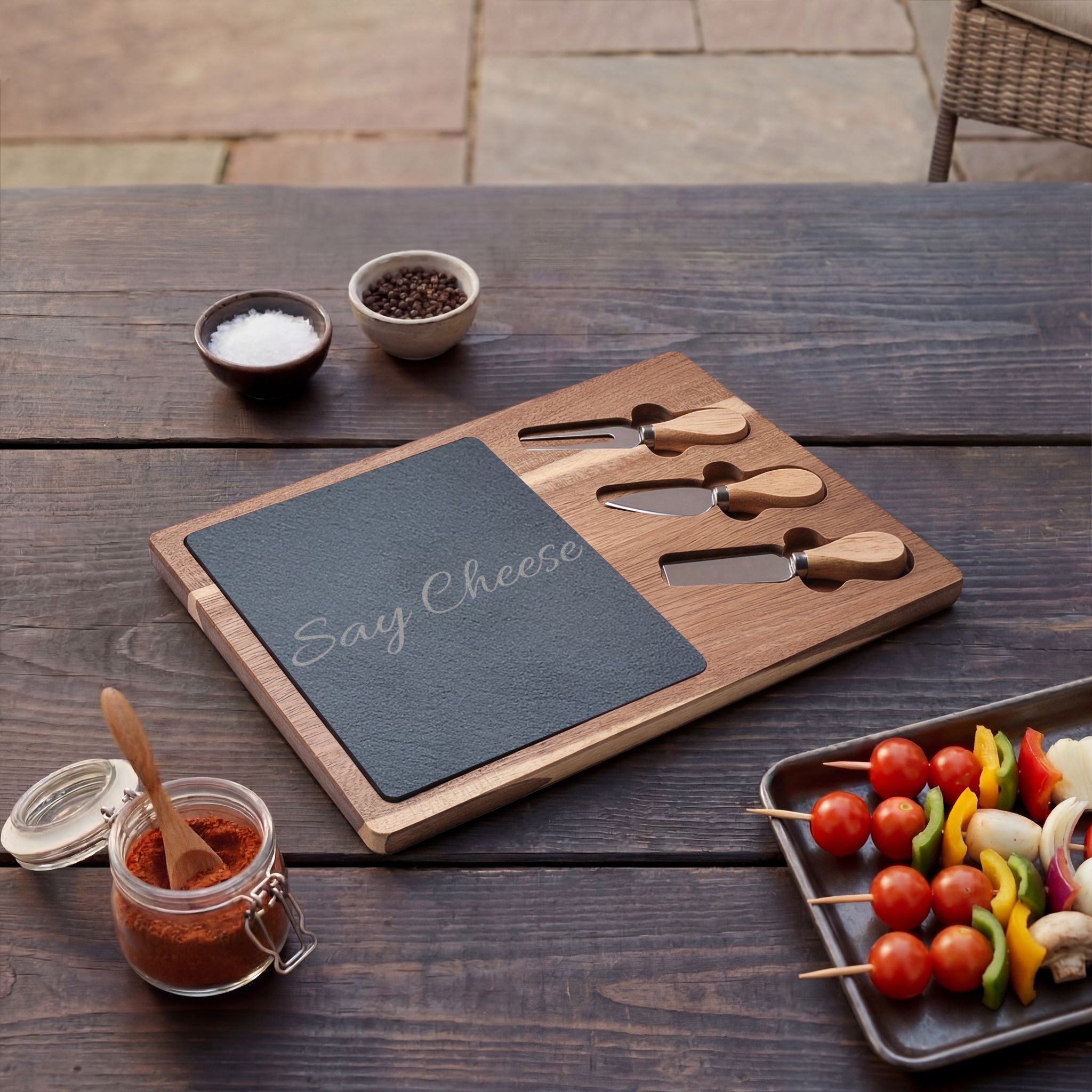 Engraved 'Say Cheese' Charcuterie Board with Slate Insert & Cheese Knives