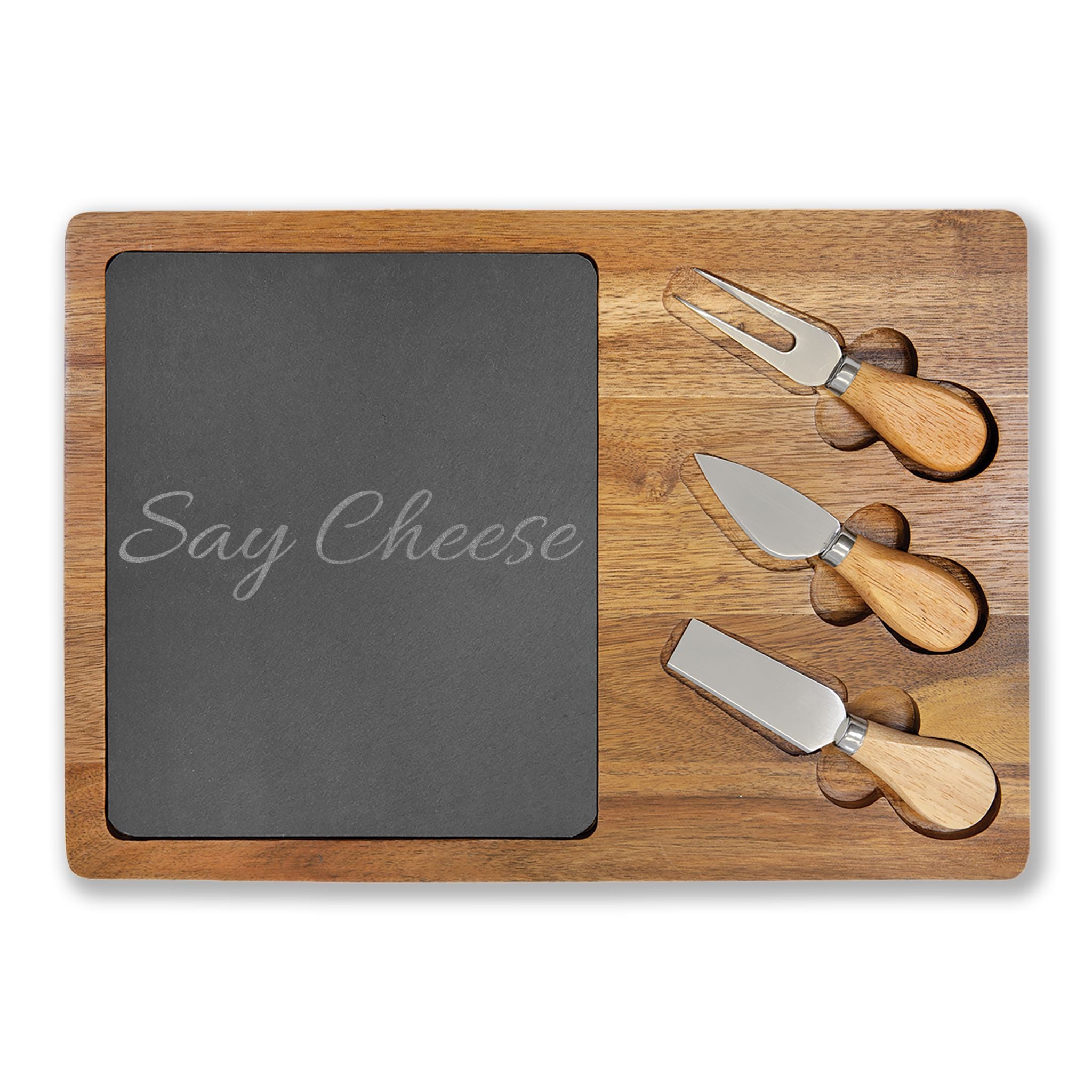 Engraved 'Say Cheese' Charcuterie Board with Slate Insert & Cheese Knives