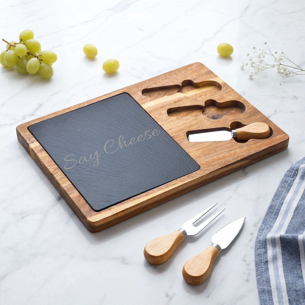 Engraved 'Say Cheese' Charcuterie Board with Slate Insert & Cheese Knives