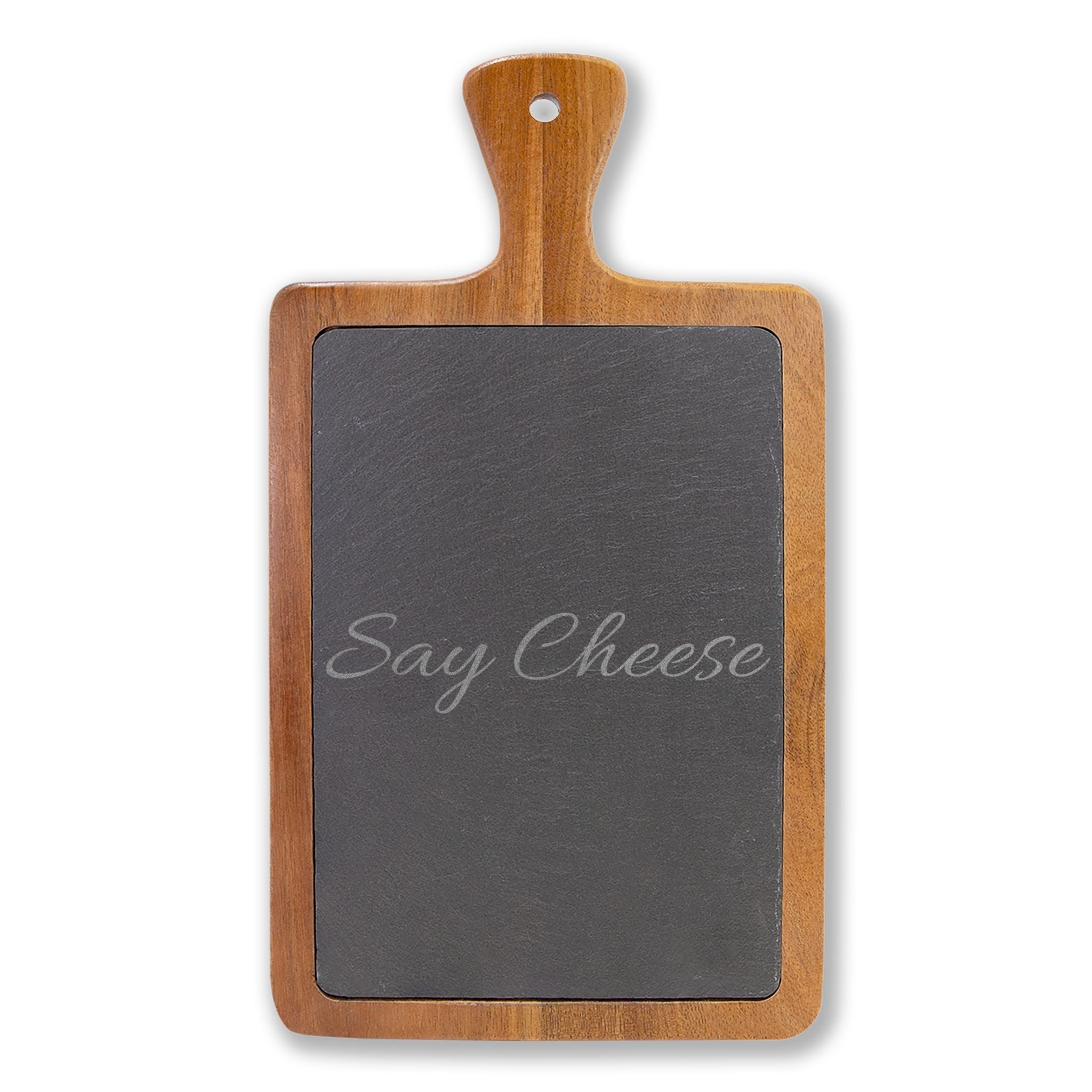Engraved 'Say Cheese' Charcuterie Board with Slate Insert & Cheese Knives
