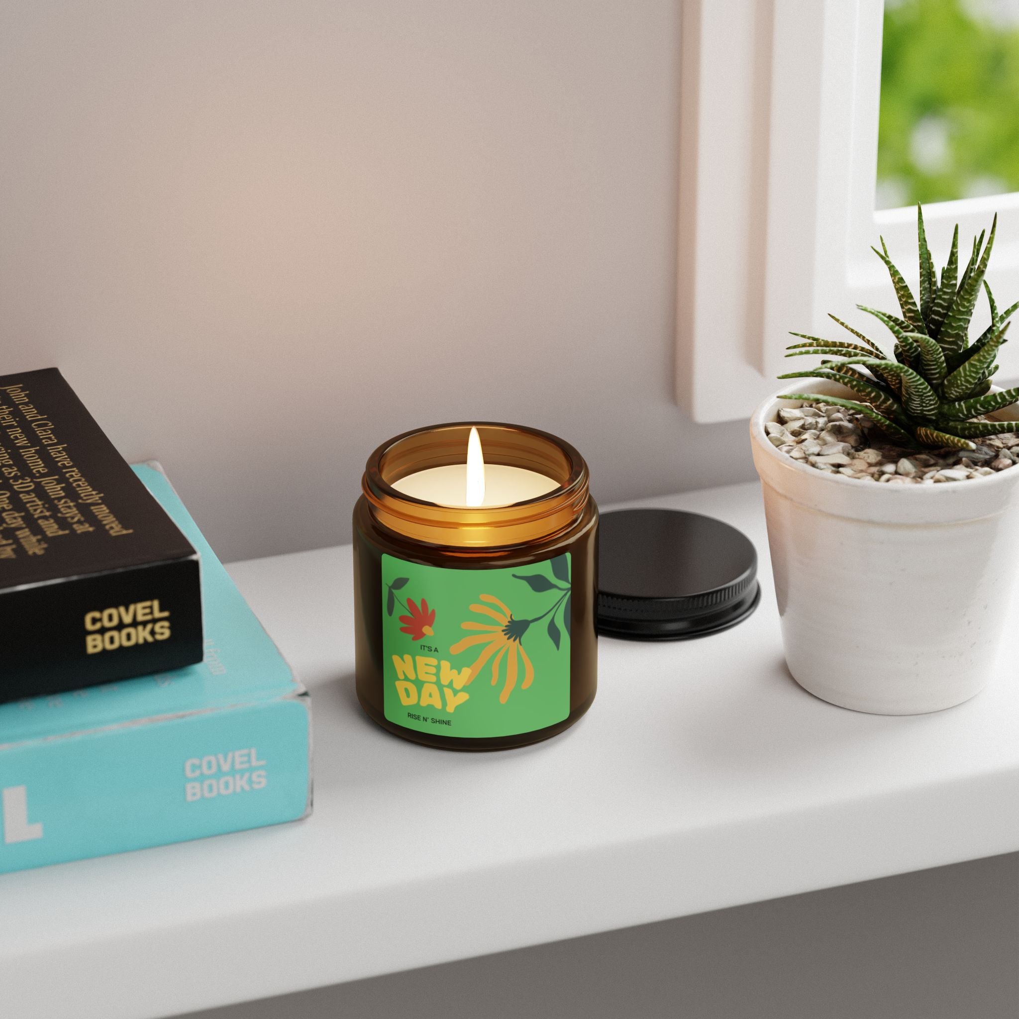 New Day Scented Soy Candle — Amber Jar, Uplifting Floral Aromatherapy