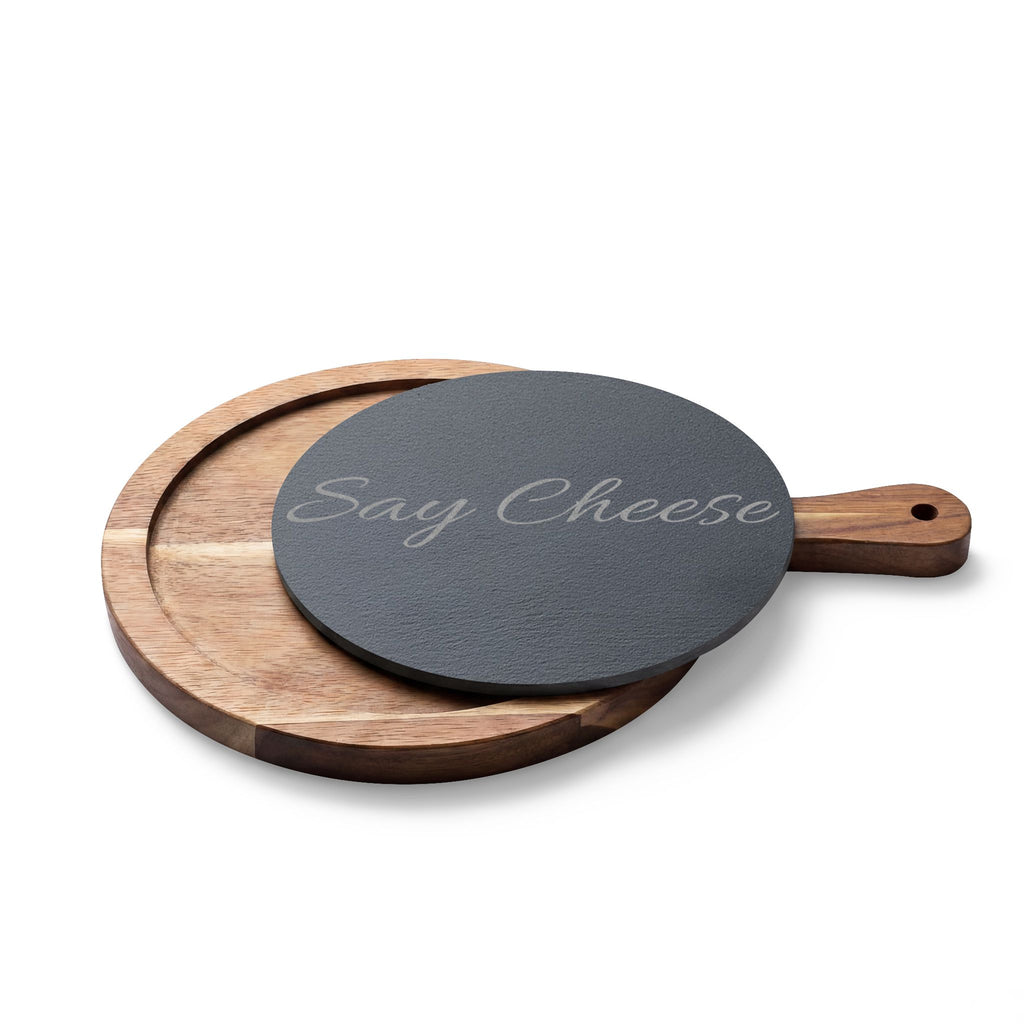 Engraved 'Say Cheese' Charcuterie Board with Slate Insert & Cheese Knives