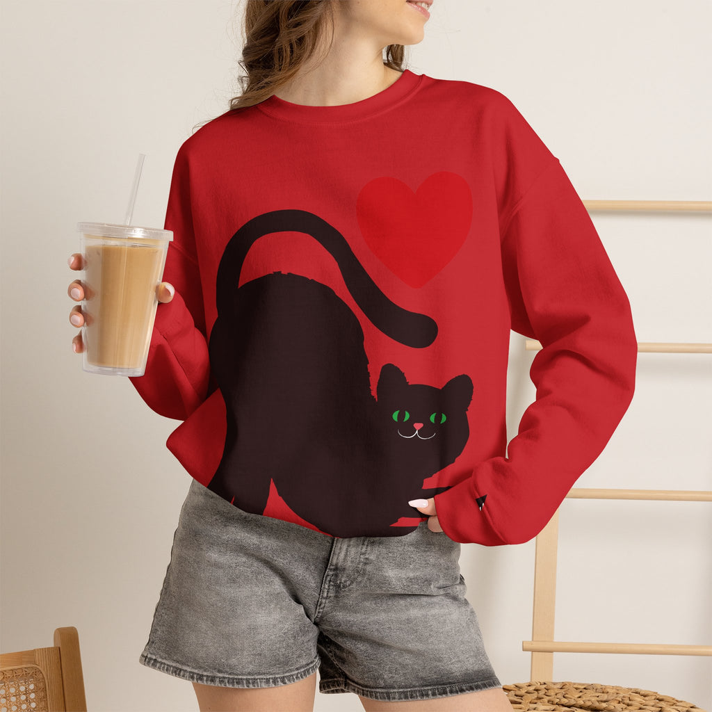 Cat Lover Sweatshirt — Black Cat with Heart Graphic