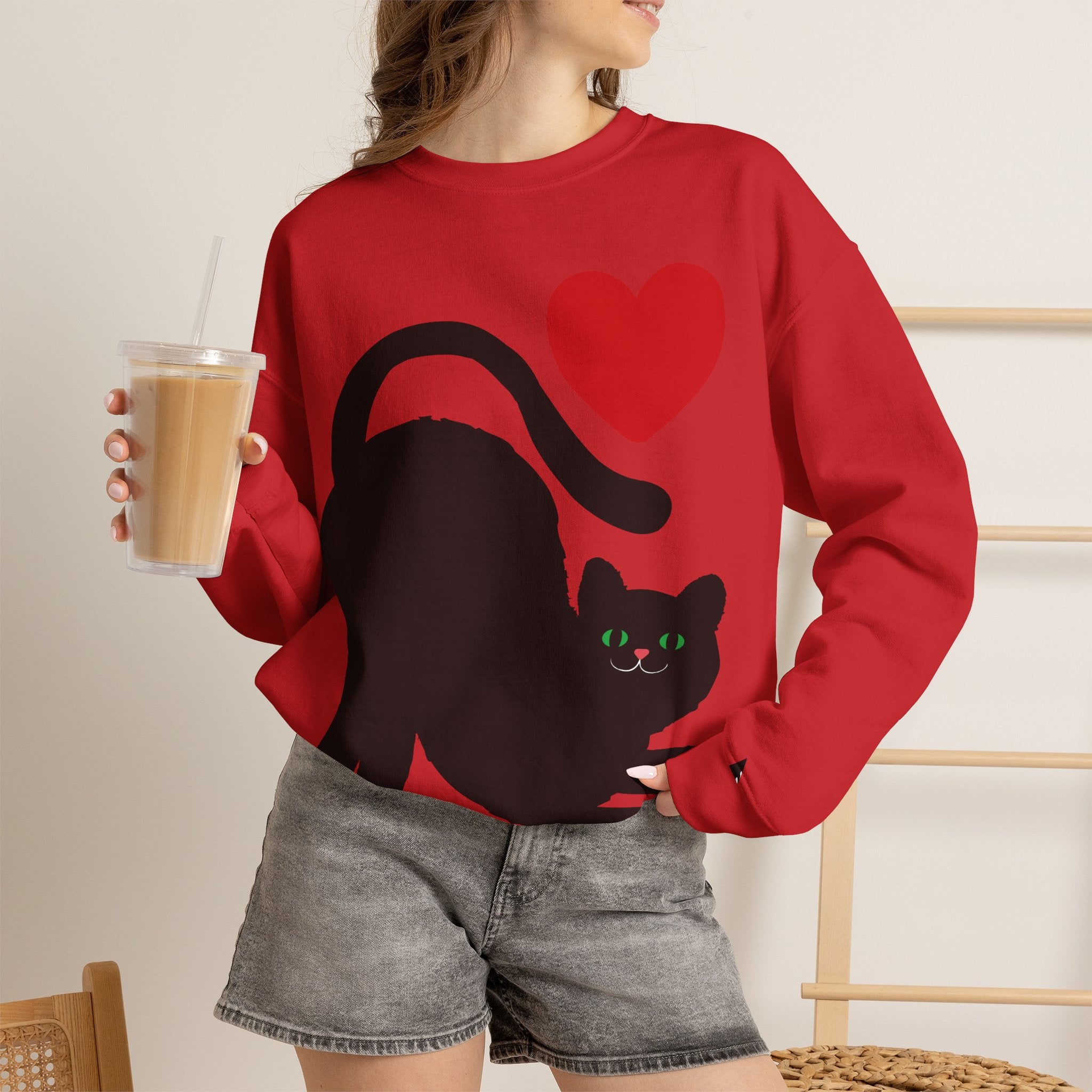 Cat Lover Sweatshirt — Black Cat with Heart Graphic
