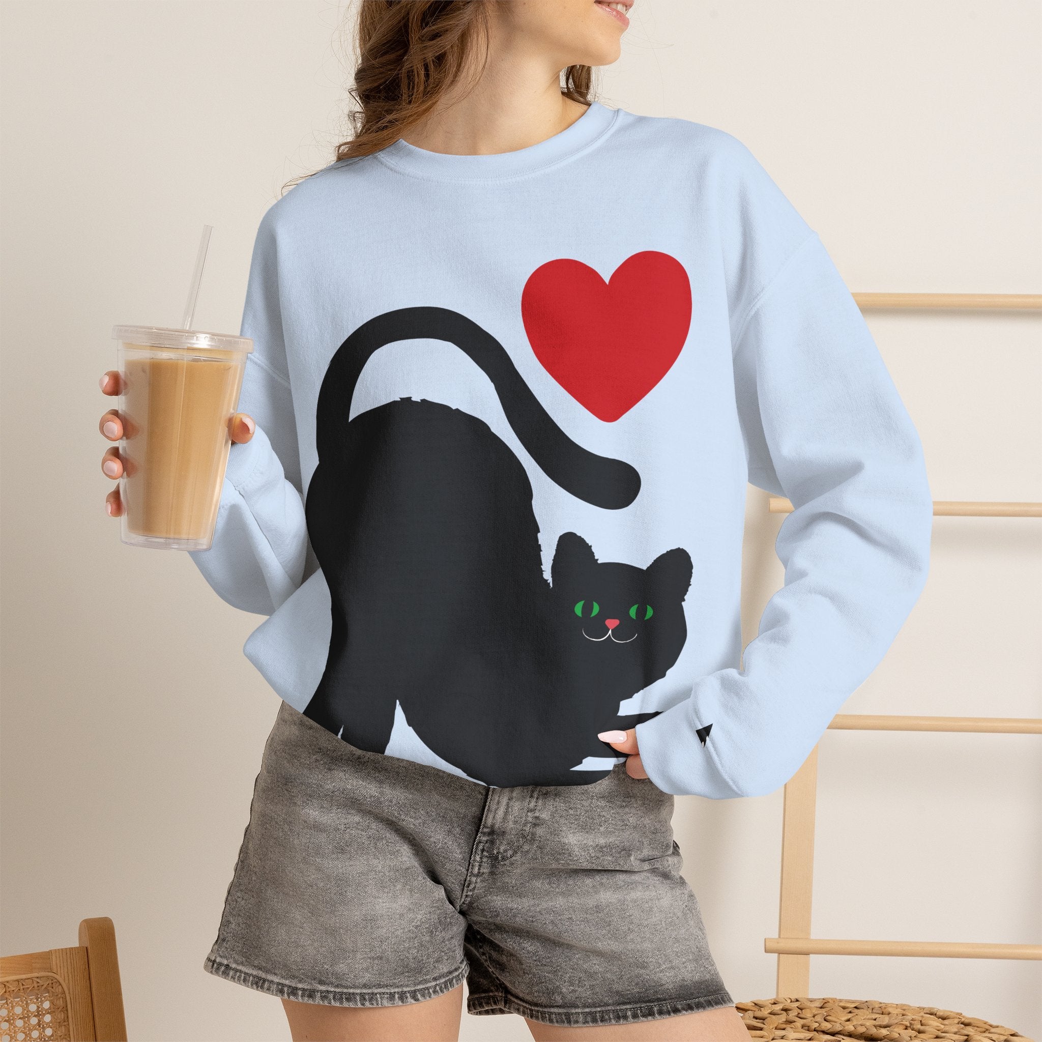 Cat Lover Sweatshirt — Black Cat with Heart Graphic
