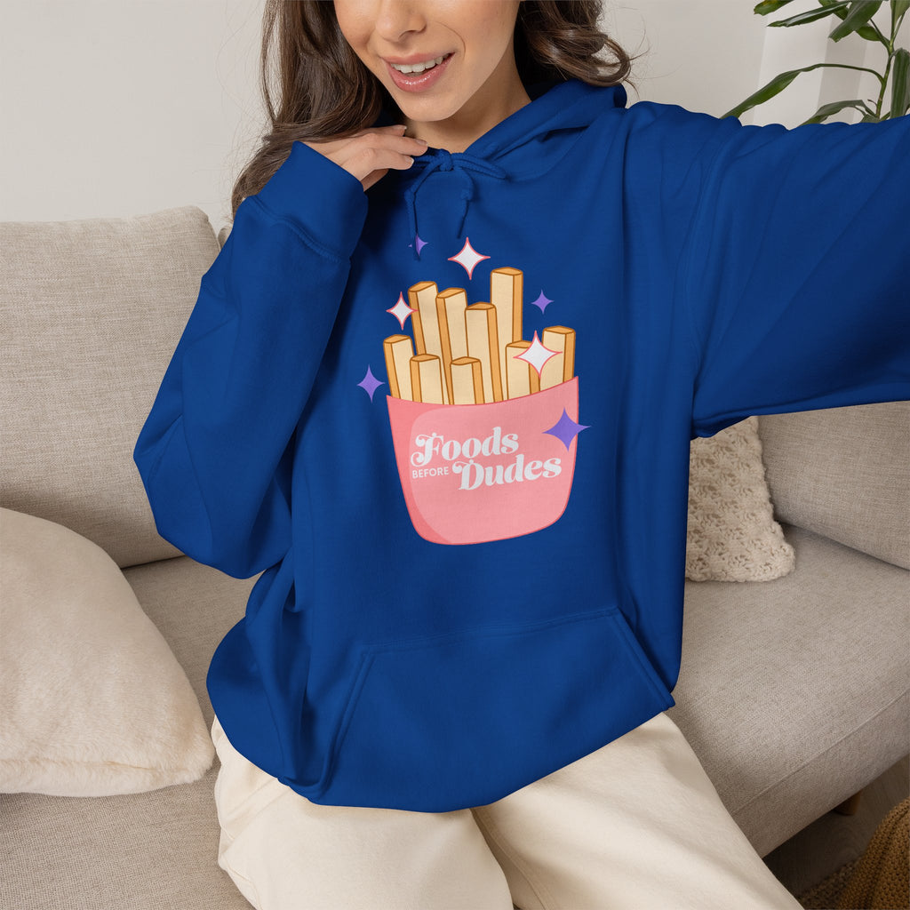Foods Before Dudes Funny Hoodie — Cute Pink French Fry Graphic Pullover