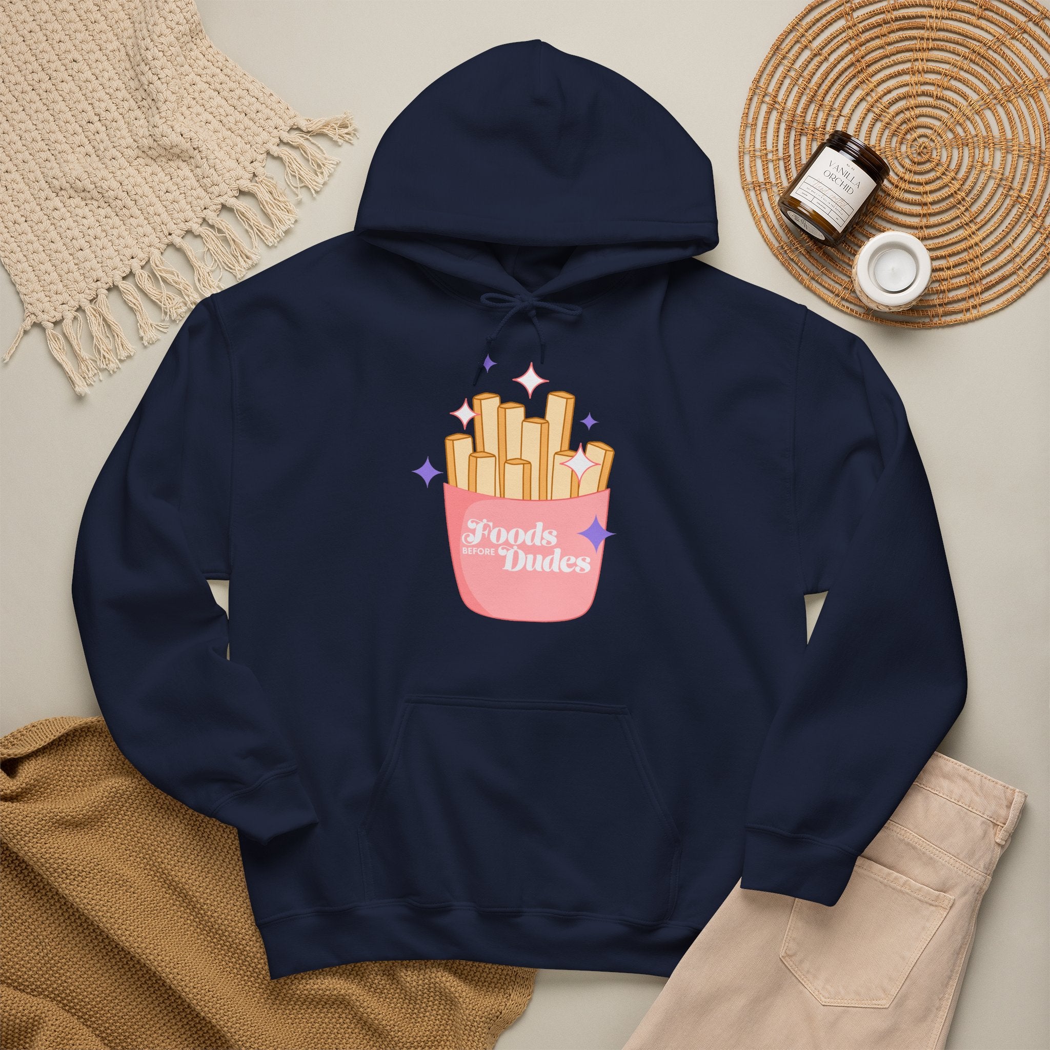 Foods Before Dudes Funny Hoodie — Cute Pink French Fry Graphic Pullover