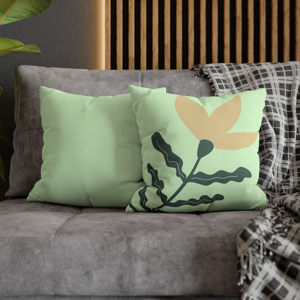 Botanical Mint Floral Pillowcase — Square Poly Canvas Cushion Cover