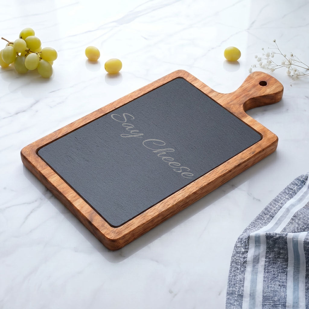 Engraved 'Say Cheese' Charcuterie Board with Slate Insert & Cheese Knives