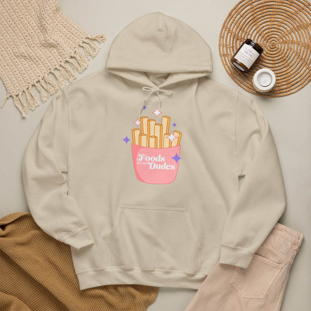 Foods Before Dudes Funny Hoodie — Cute Pink French Fry Graphic Pullover