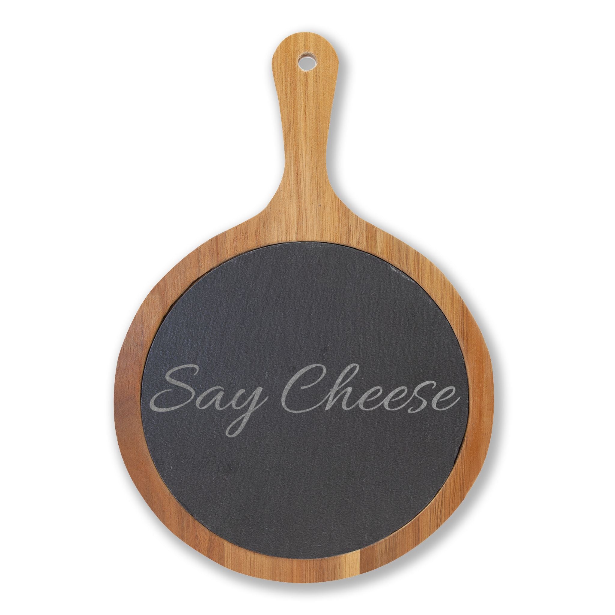 Engraved 'Say Cheese' Charcuterie Board with Slate Insert & Cheese Knives