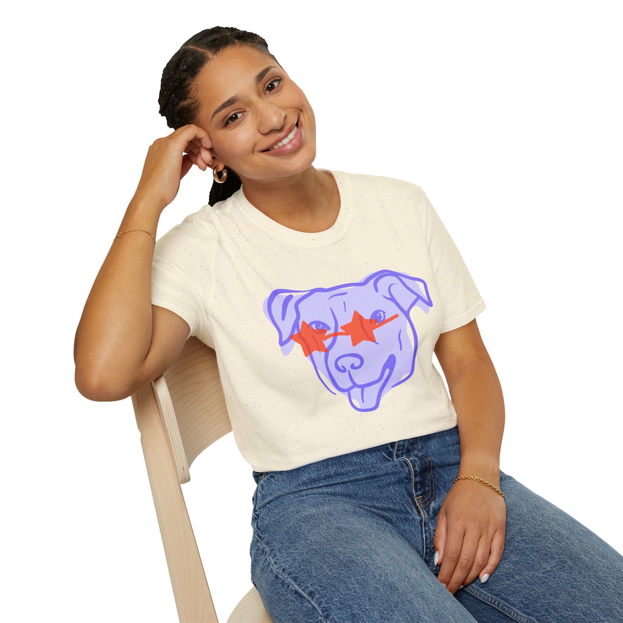 Star-Eyed Dog T-Shirt — Cute Purple Pup with Red Star Sunglasses Tee