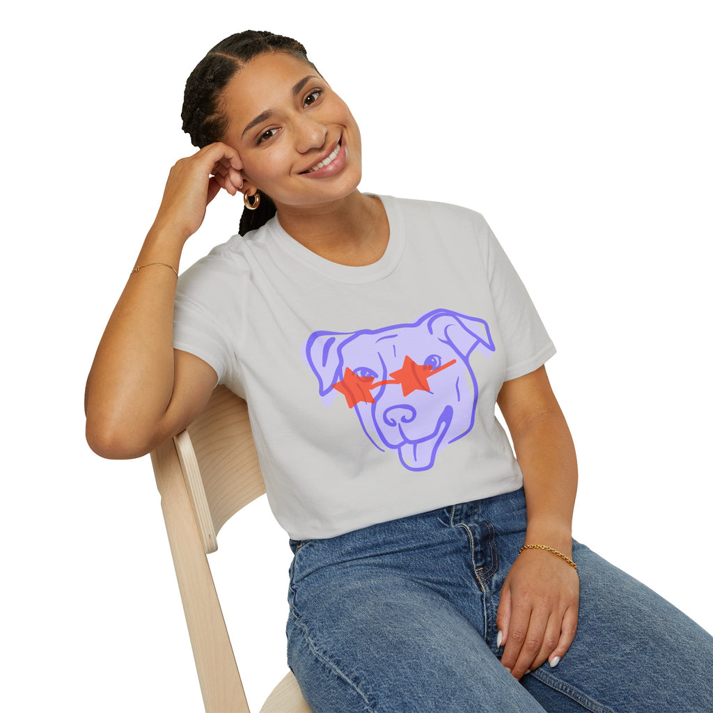 Star-Eyed Dog T-Shirt — Cute Purple Pup with Red Star Sunglasses Tee