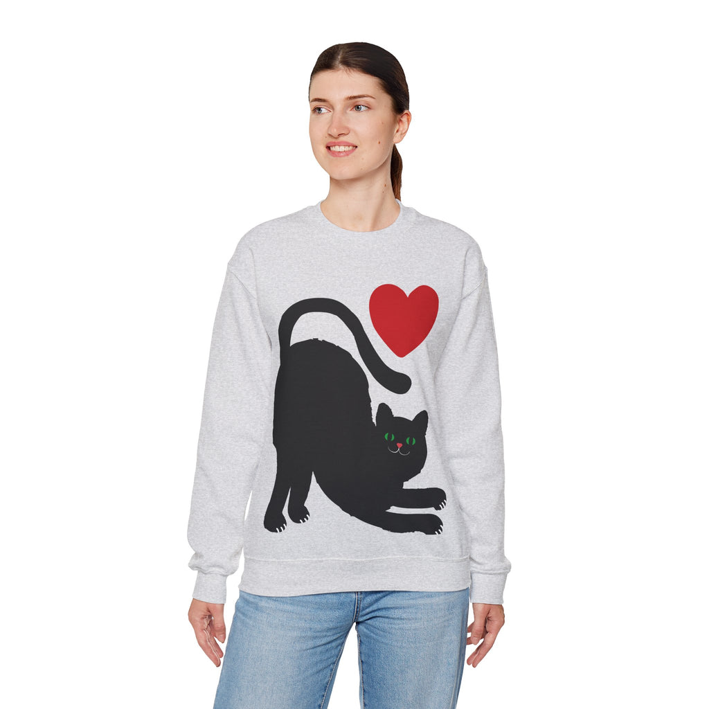 Cat Lover Sweatshirt — Black Cat with Heart Graphic