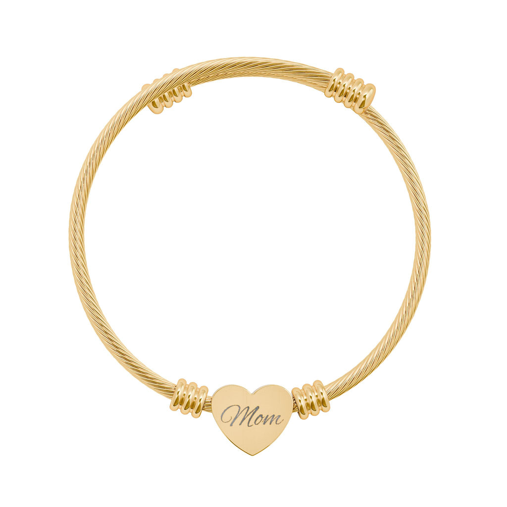 Engravable Heart Cuff Bracelet – Mom Heart Cable Bangle (Silver or Gold)