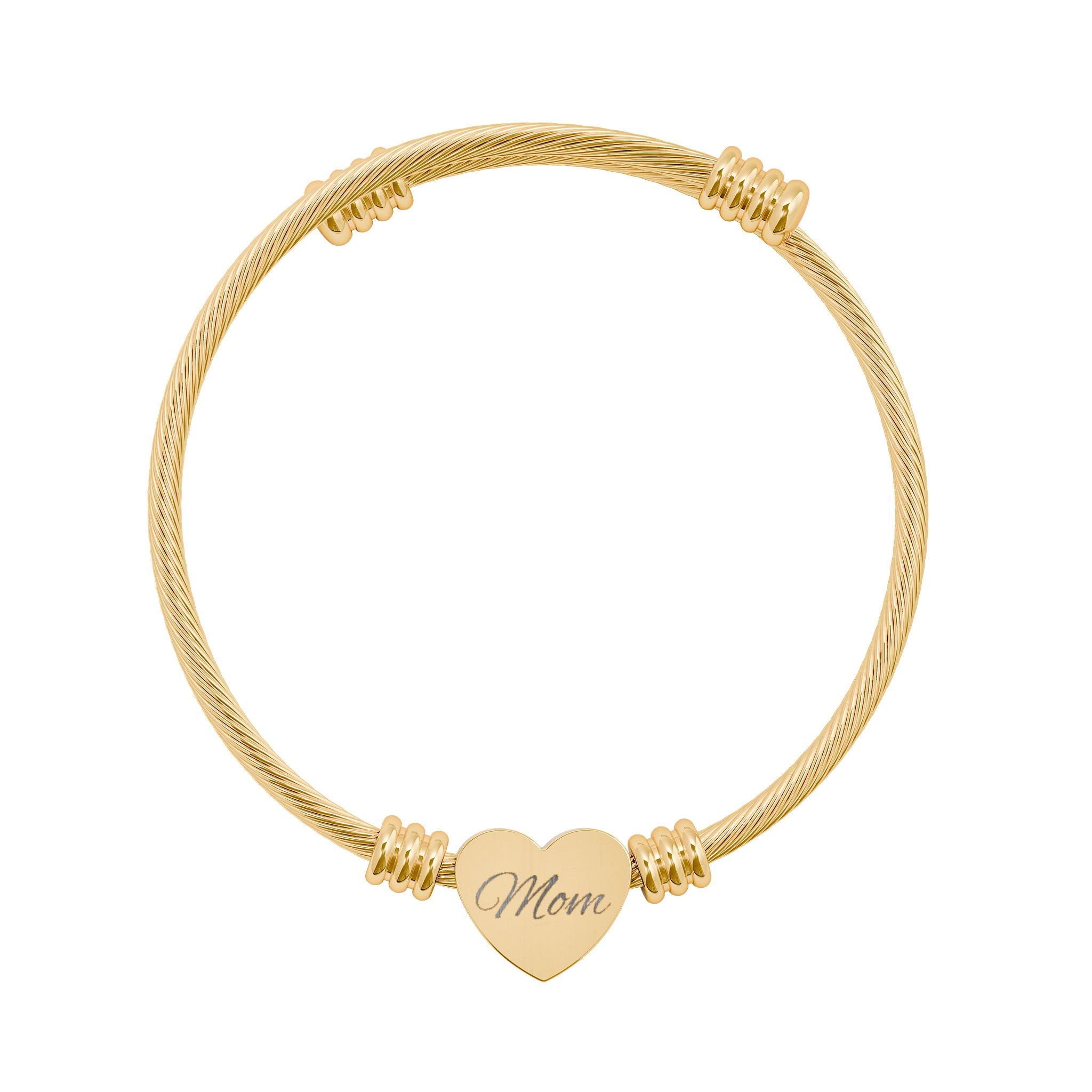 Engravable Heart Cuff Bracelet – Mom Heart Cable Bangle (Silver or Gold)