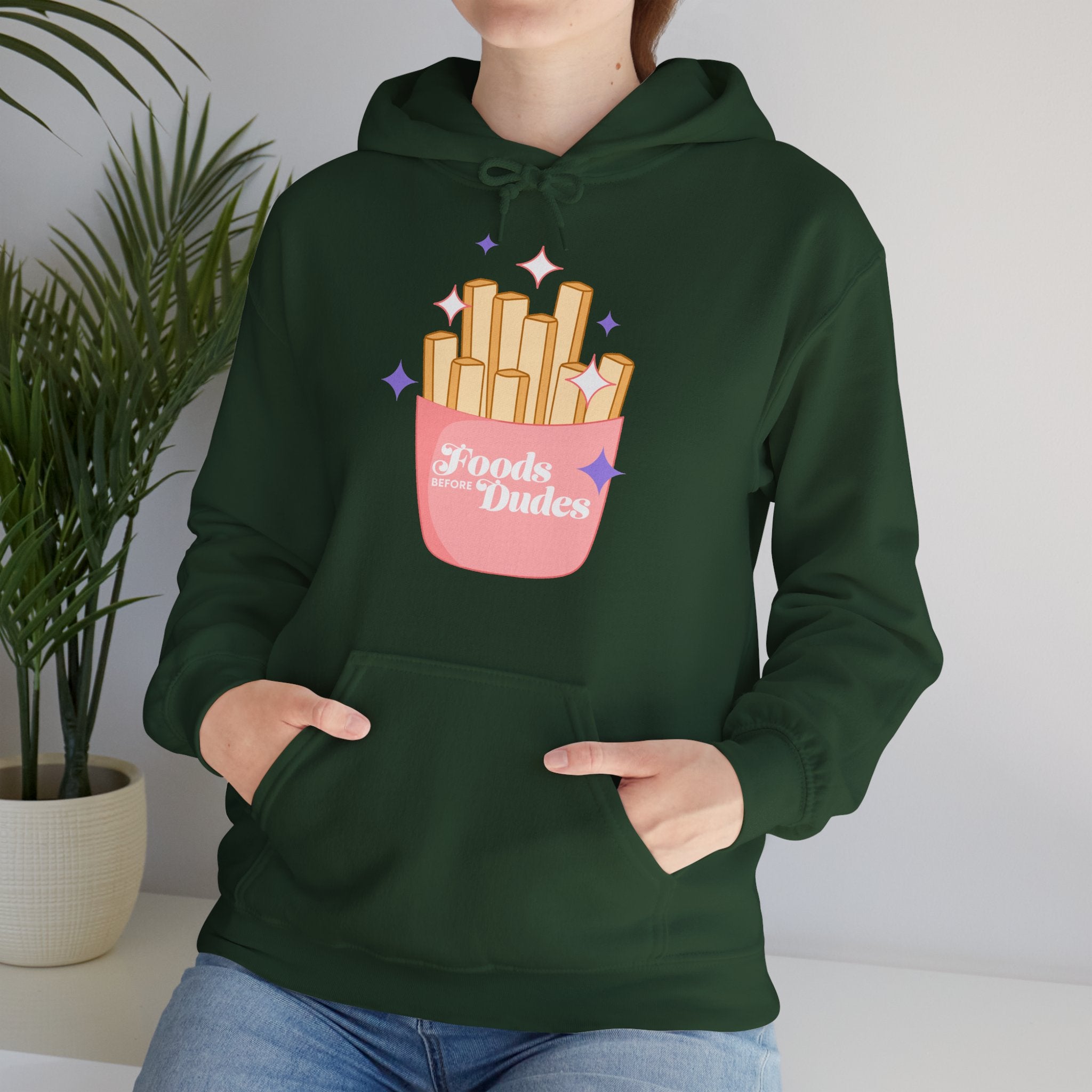Foods Before Dudes Funny Hoodie — Cute Pink French Fry Graphic Pullover