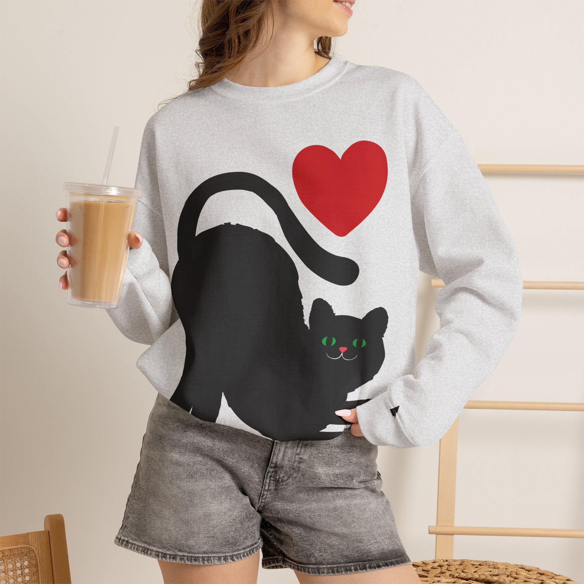 Cat Lover Sweatshirt — Black Cat with Heart Graphic